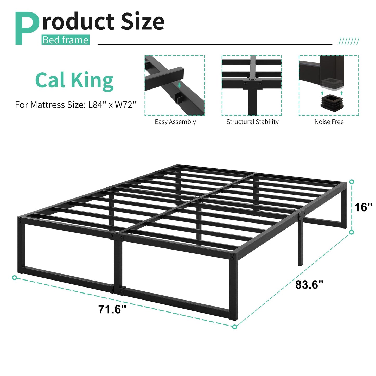 Lutown-Teen 16 Inch California King Bed Frames No Box Spring Needed Heavy Duty Metal Cal King Platform for Mattress Foundation, Noise Free, Easy Assembly, Black