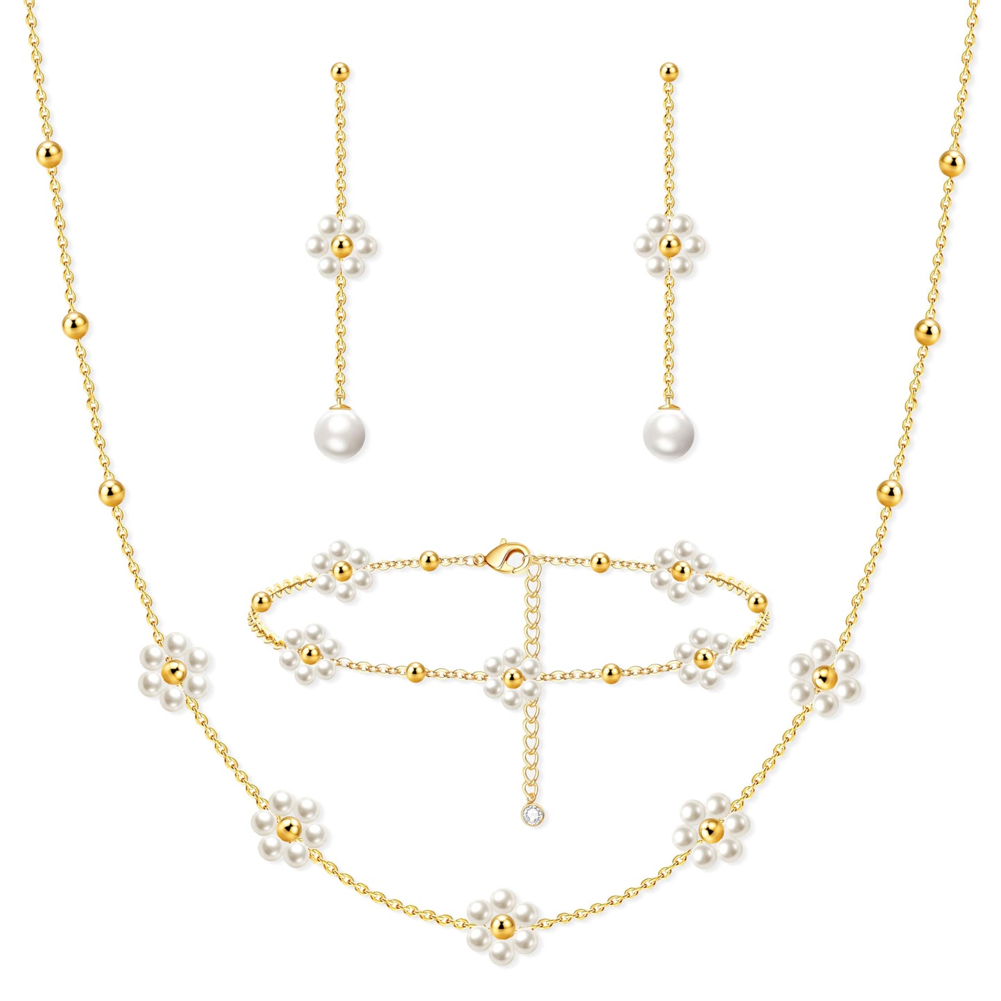 Zeffy Dainty Daisy Pearl Necklace and Earring Set with Drop Earrings Bracelets 14K Gold Plated Flower Choker Necklace Wedding Bride Jewelry Trendy Gift