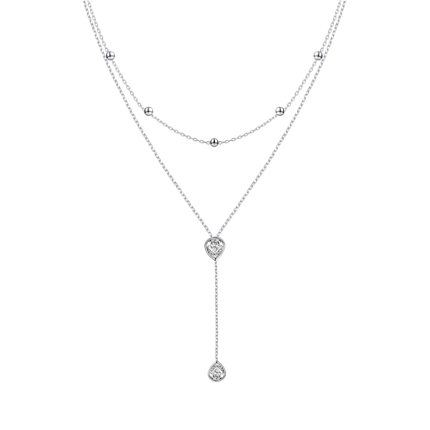 FLYOW S925 Sterling Silver Double Layered Necklace Teardrop CZ Choker Y Lariat Necklace Birthday Gifts for Women Wife Fiancée