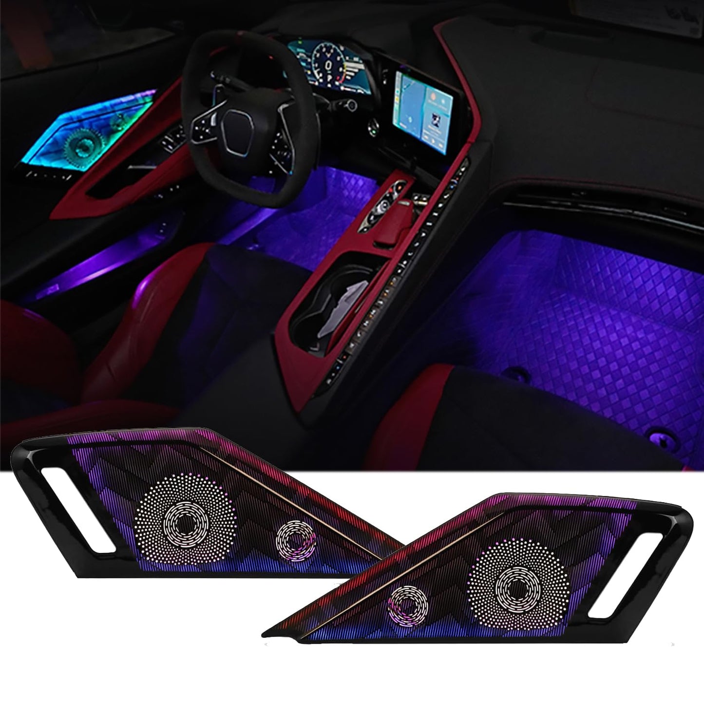 BILLFARO Door Speaker Relays Cover with LED RGB Ambient Light,Atmosphere Door Storage Box Lamps Foot Lights for Corvette C8 Stingray Z51 2020+ for Z06/E-ray 2023+,Voice APP Button Switch