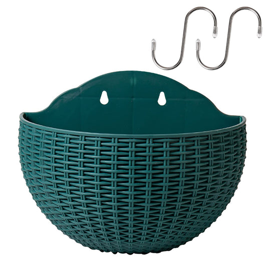 Hanging Planter Pot, Wall and Railing Hanging Planters with S Hooks, Half Round Imitation Rattan European Style Wall Flowerpot Rustic Decorative Flower Basket for Home Balcony(#21*16.5cm Dark green)