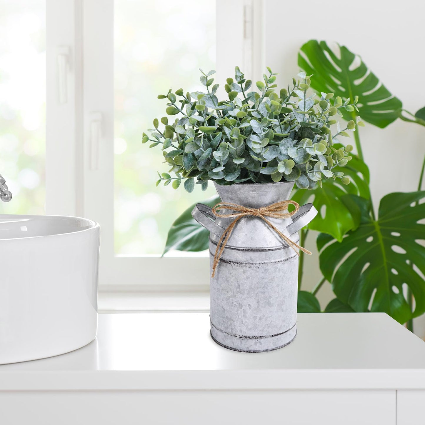 Winlyn Farmhouse Galvanized Metal Milk Can with Artificial Eucalyptus Greenery Arrangement Fake Plants Farmhouse Centerpieces 11.8" Tall for Rustic Country Wedding Home Table Tiered Tray Shelf Décor