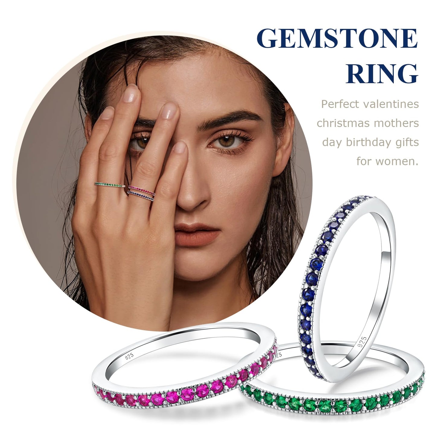 AGRULE Sapphire Eternity Band Stackable Wedding Rings for Men Women Sterling Silver Polished Finish September Birthstone Rings Saphire Ring Size 9