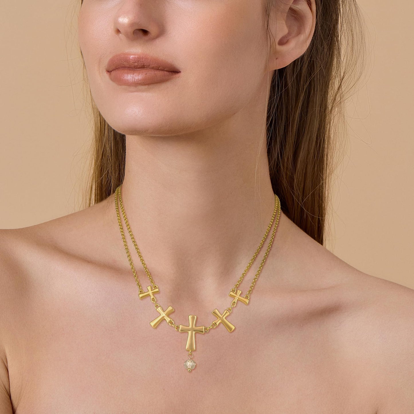 NEKOL Vintage Layered Gold Cross Charm Necklace for Women, Double Chain Faith Cross Pendant Necklace with Dangle Glass Beads Religion Jewelry Gifts for Women