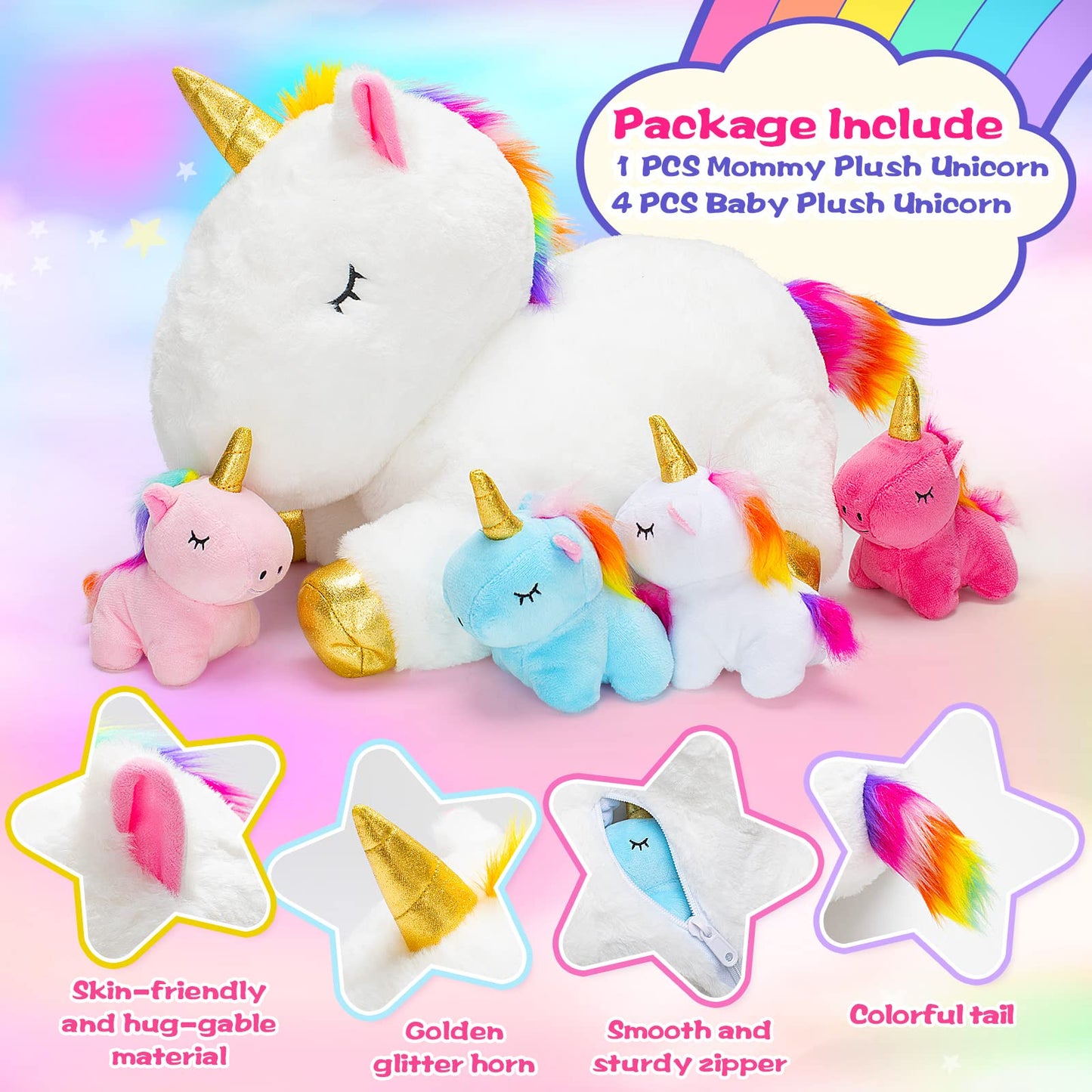 KMUYSL Toys for Girls Ages 0 1 2 3 4 5 6 7 8+ Years - Unicorn Mommy Stuffed Animal with 4 Baby Unicorns in Her Tummy, Soft Unicorn Plush Toys Set, Christmas Birthday Gifts for Baby, Toddler, Kids