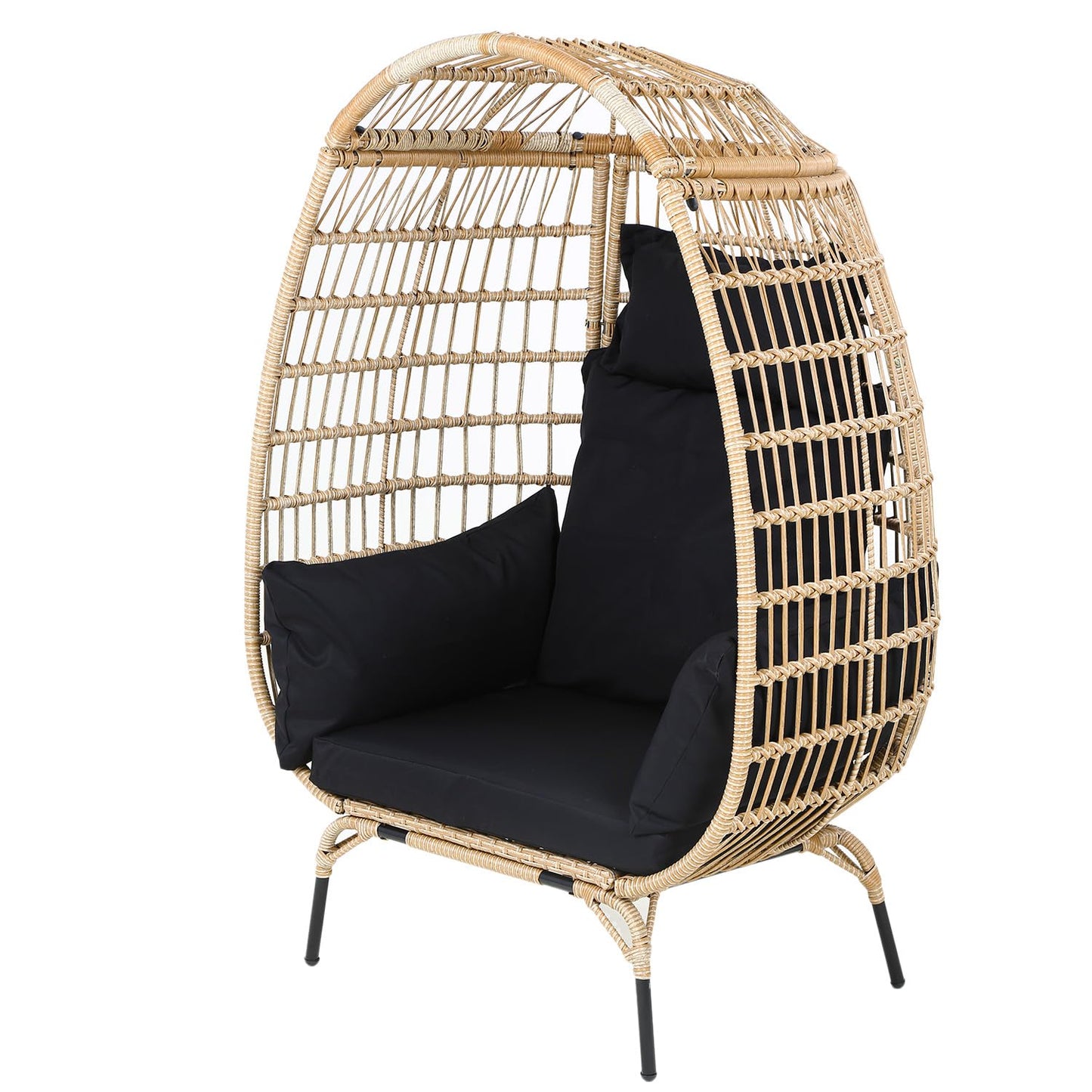 Egg Chair Outdoor Rattan Patio Egg Chair Hand-Woven Oversized Wicker Egg Chair Outdoor Indoor Lounge Chair with Padded Cushions Steel Frame for Living Room Backyard Patio Porch, Black