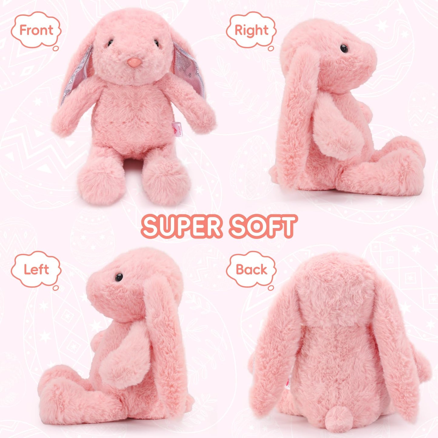 VANLINNY Easter Bunny Stuffed Animal, Pink Bunny Plush with Glitter Spot Long Ears, Huggable and Soft Rabbit Plush Toy, Easter Gifts for Kids, Xmas Birthday Gift for Boys, Girls and Toddlers