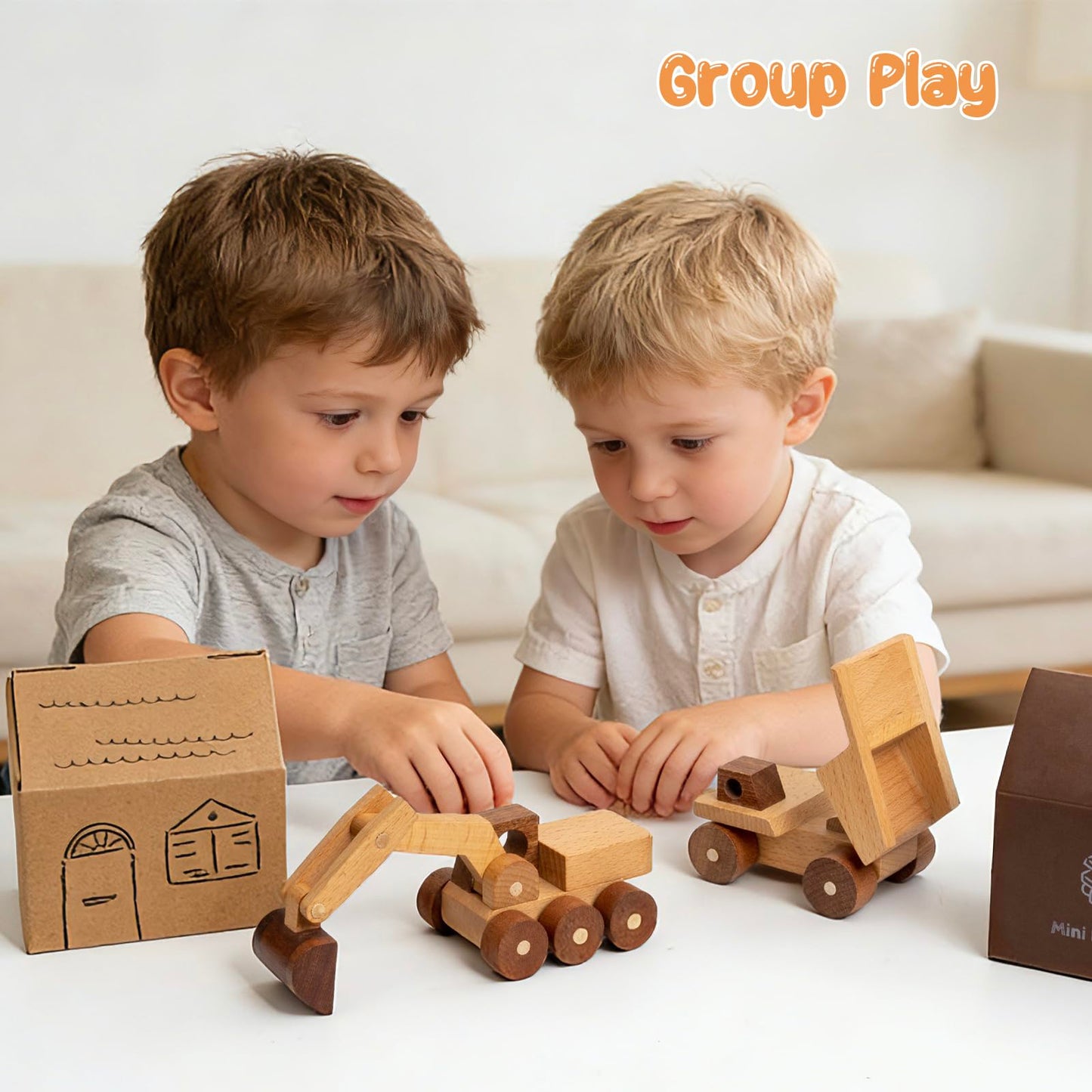 kienvy Wooden Toy Cars for 3 Year Old Boys & Girls - Construction Vehicles Set Push Toys for Toddlers, Wood Montessori Car with Rolling Wheels, Natural Wood Toys (Excavator & Dump Truck)