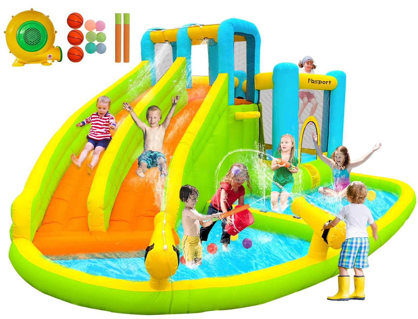 FBSPORT Inflatable Bounce House,Water Slide Park Bouncer Castle with 2 Slide & Double Cannon, Climbing Wall, Kids Bouncy Castle with 550W Air Blower for Backyard, Outdoor, Indoor