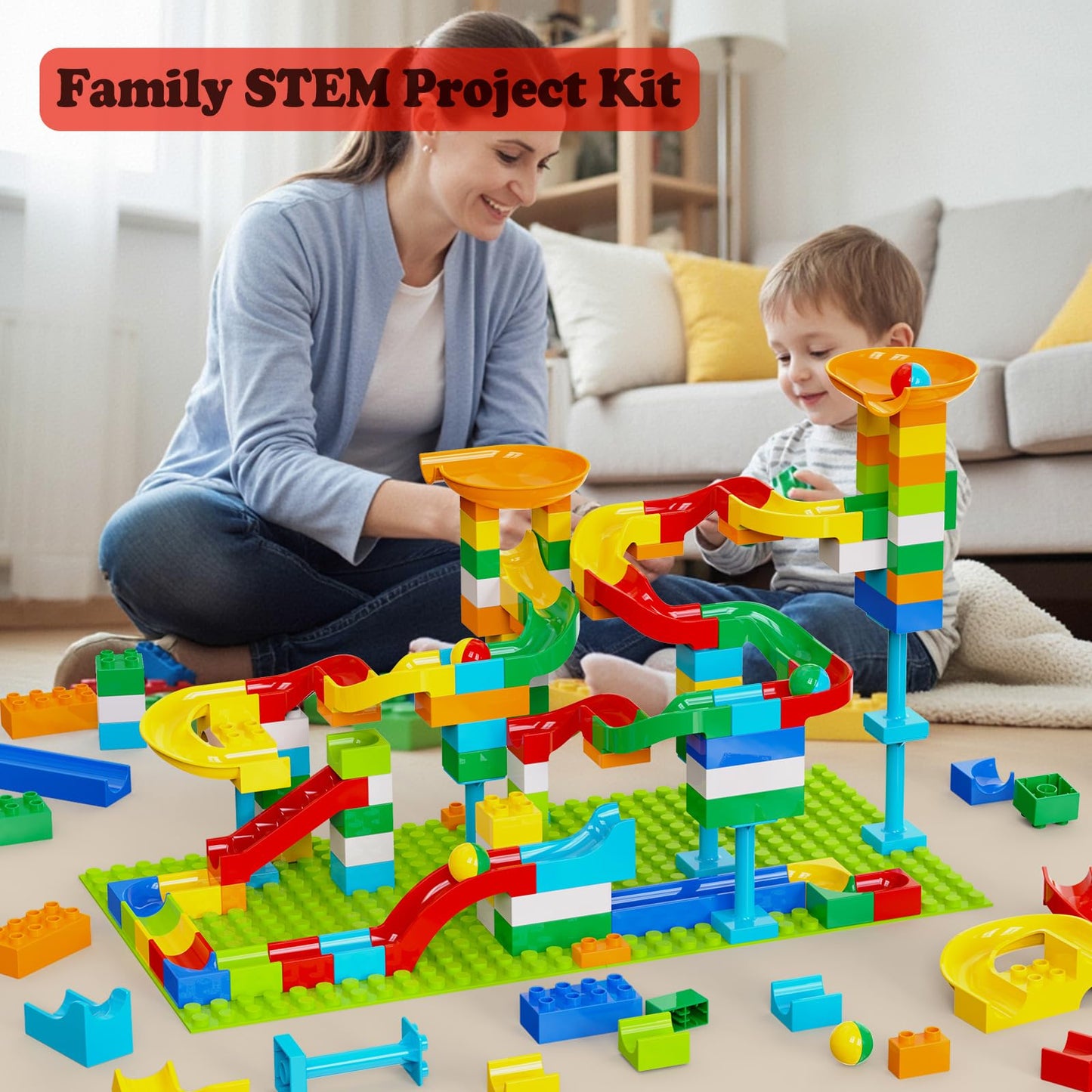 Anpcso Marble Run Building Blocks for Kids Age 3-8, 128 Pcs STEM Building Bricks Set with Toss Ring Game, Educational Learning Toys for Toddlers Boys Girls Gifts- Compatible with All Major Brands