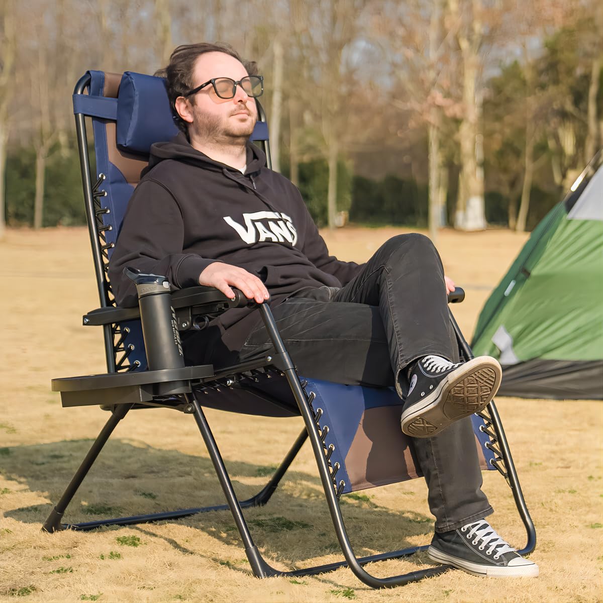Foristrail Zero Gravity Chair Oversized Padded Recliner with Adjustable Headrest & Cup Holder - 600D Oxford Folding Lounge Chair for Outdoor Camping, Patio, Poolside (Brown & Blue)