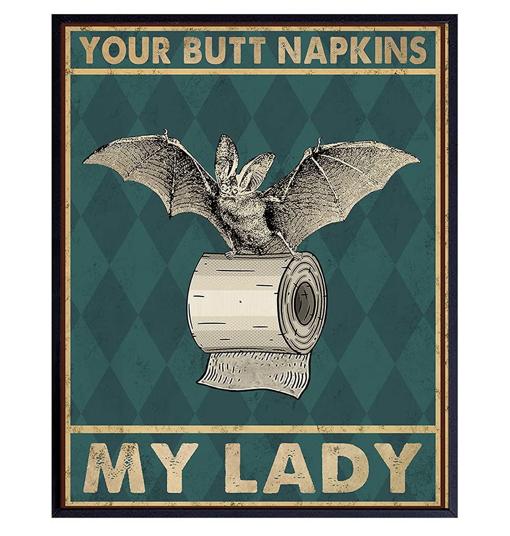 Your Butt Napkins My Lady - Gothic Bathroom Decor for Women - Bat Wall Decor - Funny Guest Bathroom Wall Art - Toilet Paper Art Decorations - Restroom Sign - Bath Picture - Powder Room Artwork