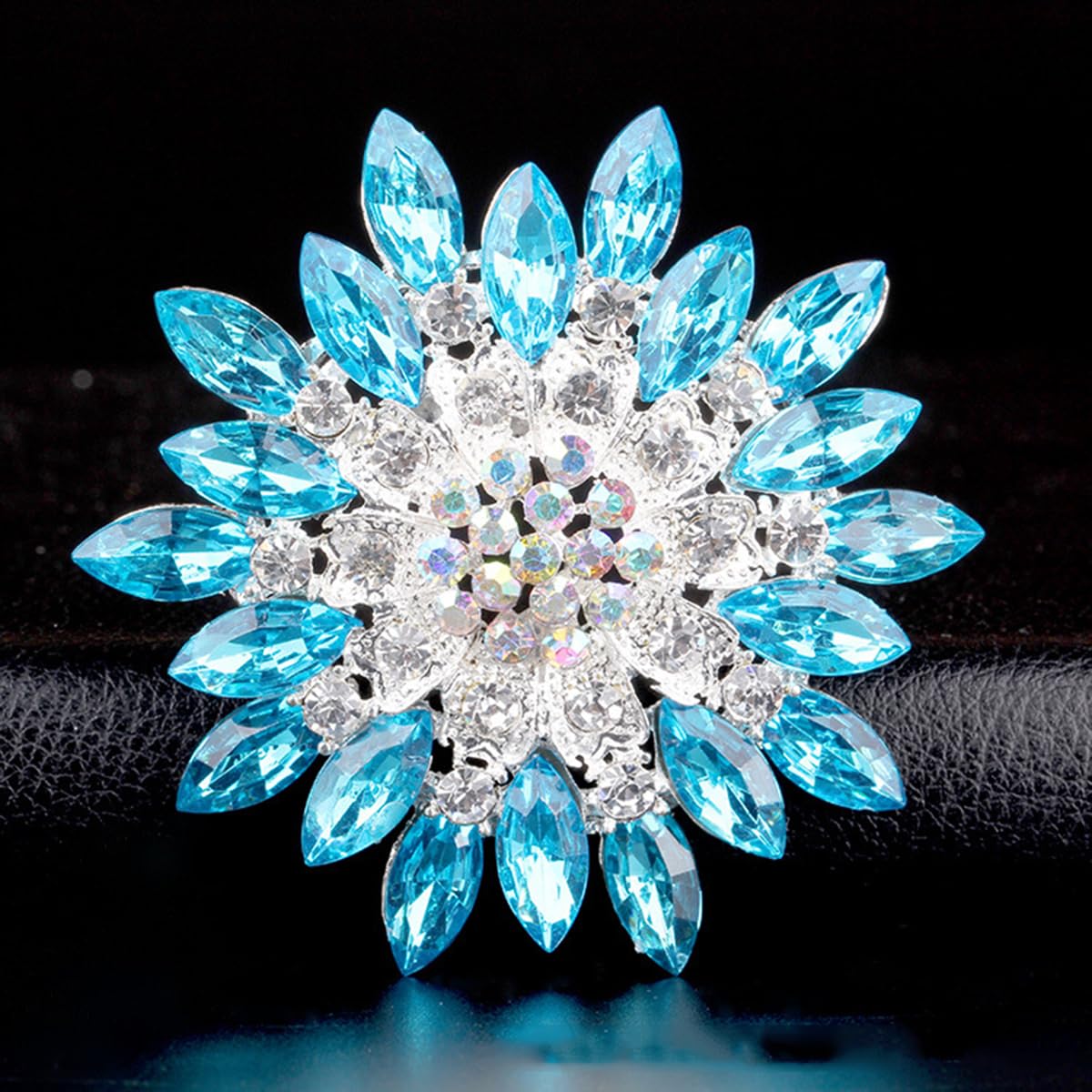 Rhinestone Sunflower Brooch Pin for Women Red Black Purple Large Flower Broochs Snowflake Brooch Marquise Wreath Brooches Jewelry (Blue1)