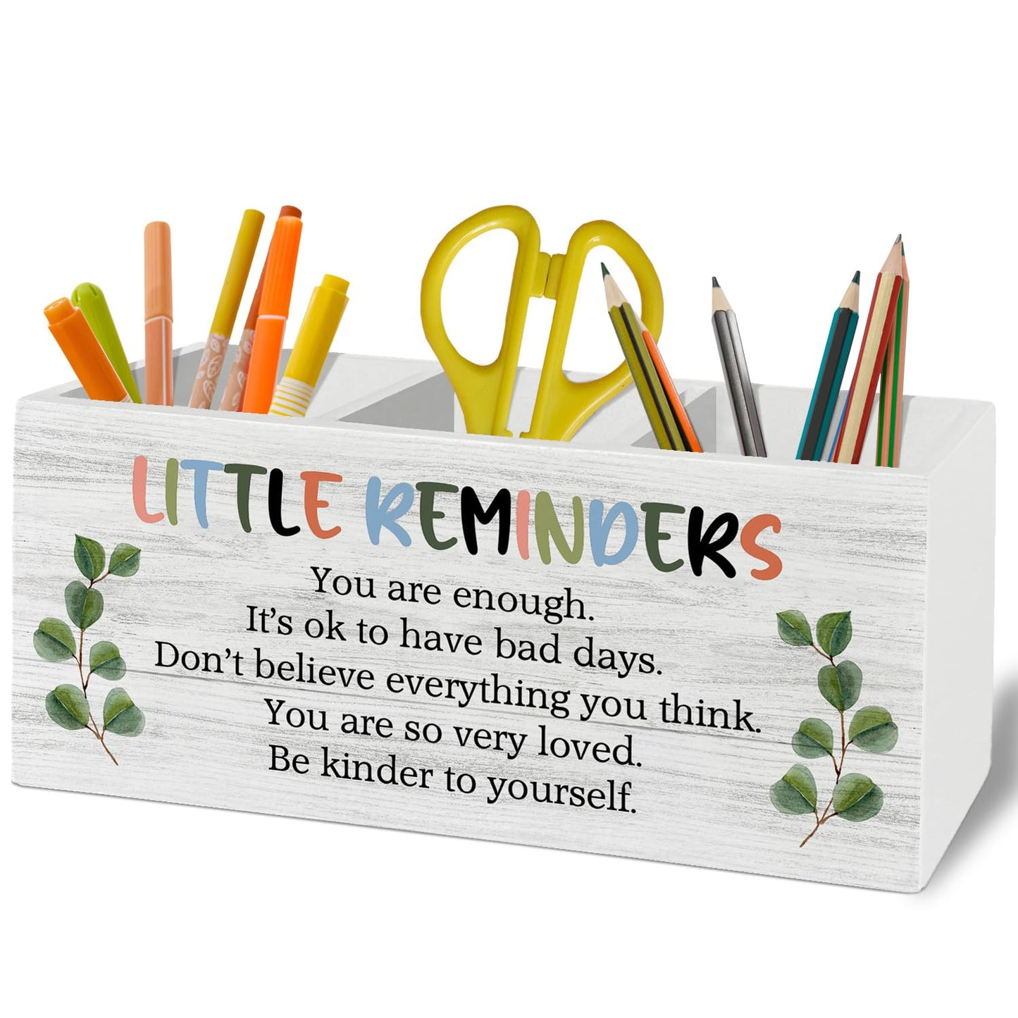 XLDLIOO Little Reminders Inspirational Pen Pencil Holder Organizer for Desk Accessories, Mental Health Motivational Wooden Box Sign Desk Decor for Home Office Decoration, Positive Gifts