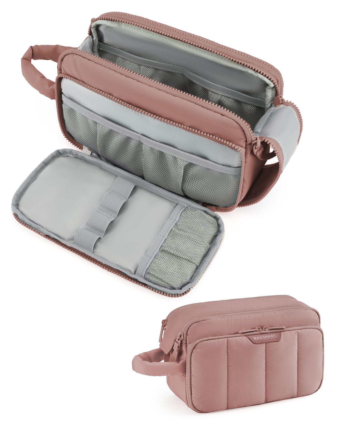 BAGSMART Travel Toiletry Bag for Women, Wide-open Makeup Bag Organizer, Puffy Make Up Case, Large Capacity Cosmetic Organizer for Women for Travel Essentials Toiletries Accessories (Nude Pink)