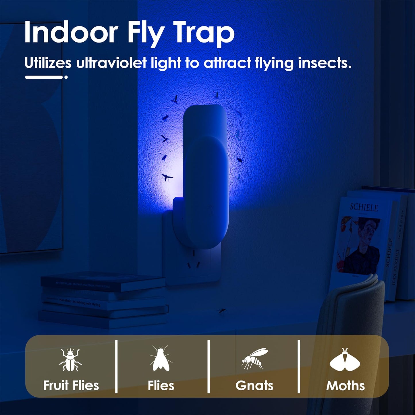 TIENBE Flying Insect Trap, 2 in 1 Indoor Plug-in Fruit Fly Trap, 4 Trap White and 24 Glue Cards, Fruit Fly Traps for Gnat, Moth, Mosquito, Suitable for Every Part of The Home