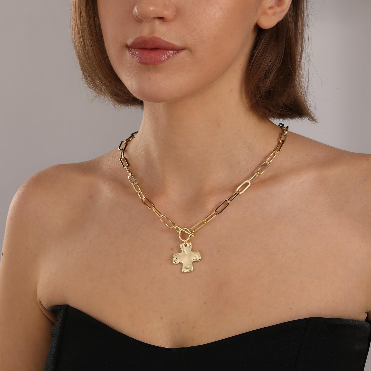 Bheop Chunky Cross Necklace for Women Trendy 14K Real Gold Plated Statement Cross Pendant Charm Necklace Toggle Clasp Long Big Paperclip Faith Chain Costume Jewelry Gift Non Tarnish 2.5CM