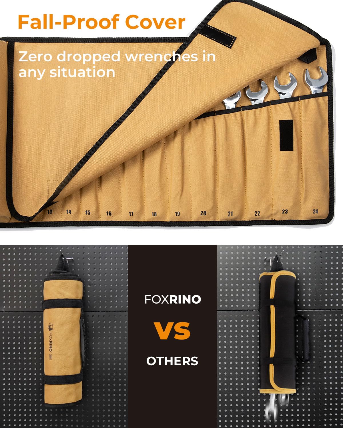 Foxrino Wrench Roll, Wrench Roll Up Pouch, 19-Pocket Heavy Duty Canvas Wrench Organizer Bag for Metric Combination Wrenches, Portable Tool Roll Bag, Gifts for Men for Christmas(Brown, 19+1 Metric)