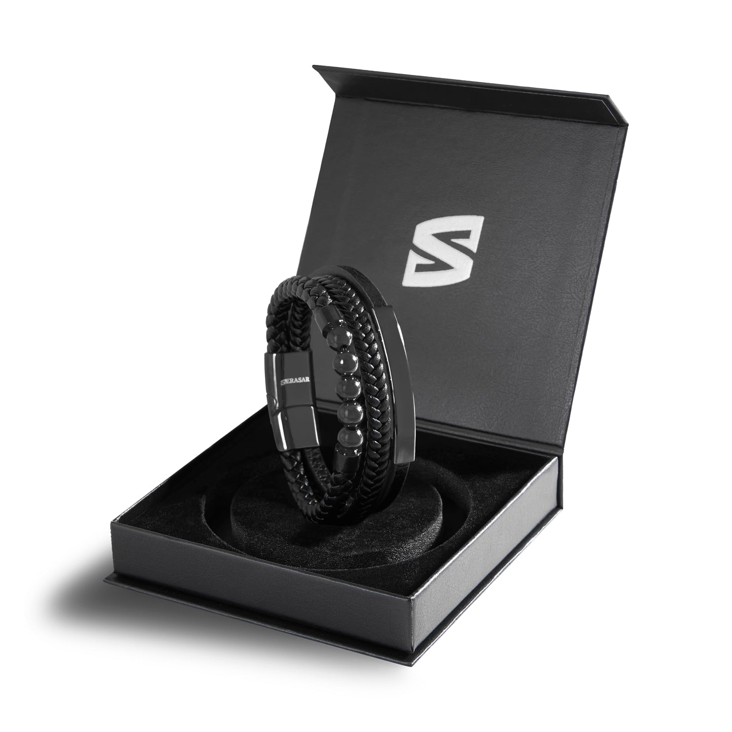 SERASAR Pulsera de cuero negro para hombre 23cm negra Hombres Caja regalo genuino Trenzado Multicapa Abrigo Pulseras masculinas Joyas magnéticas