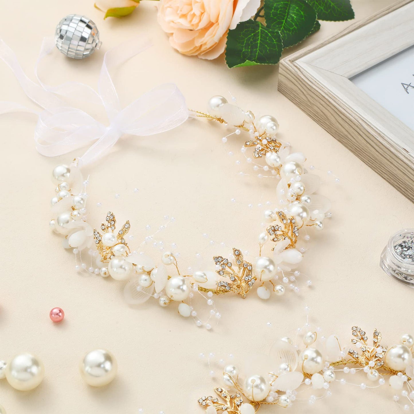 Retrowavy 2 Pcs Flower Girl Headpiece, Flower Girl Hair Accessories Rhinestone Crystal Princess Pearl Headband Bridal Hair Headband for Wedding First Communion(Gold)
