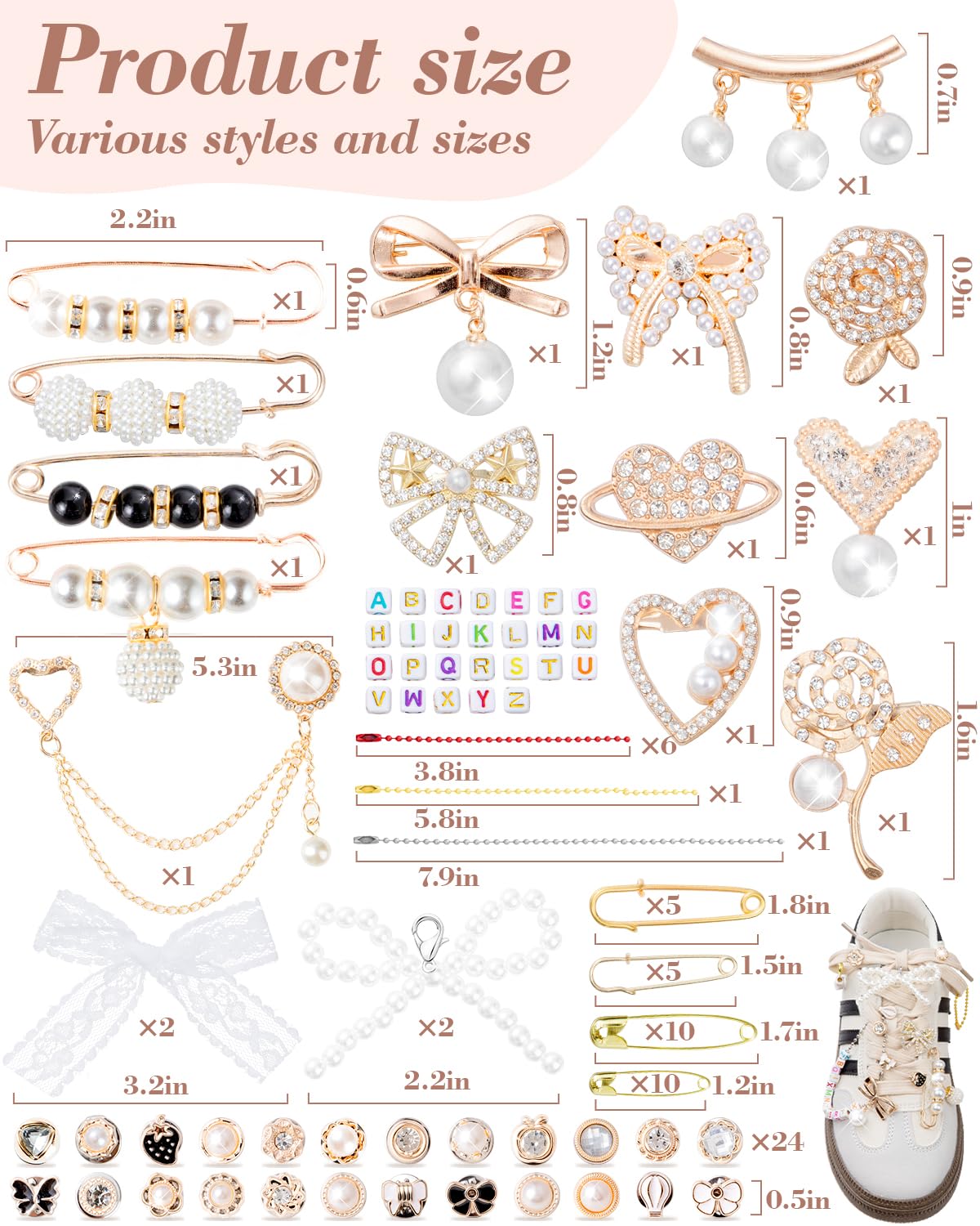 RQAYE 410pcs Shoe Charms for Sneakers & Accessories - DIY Shoe Lace Pearl Rhinestone Brooches and Pins for Women,Junk Socks Charms Kit and Satin Cute Shoelace Accessories