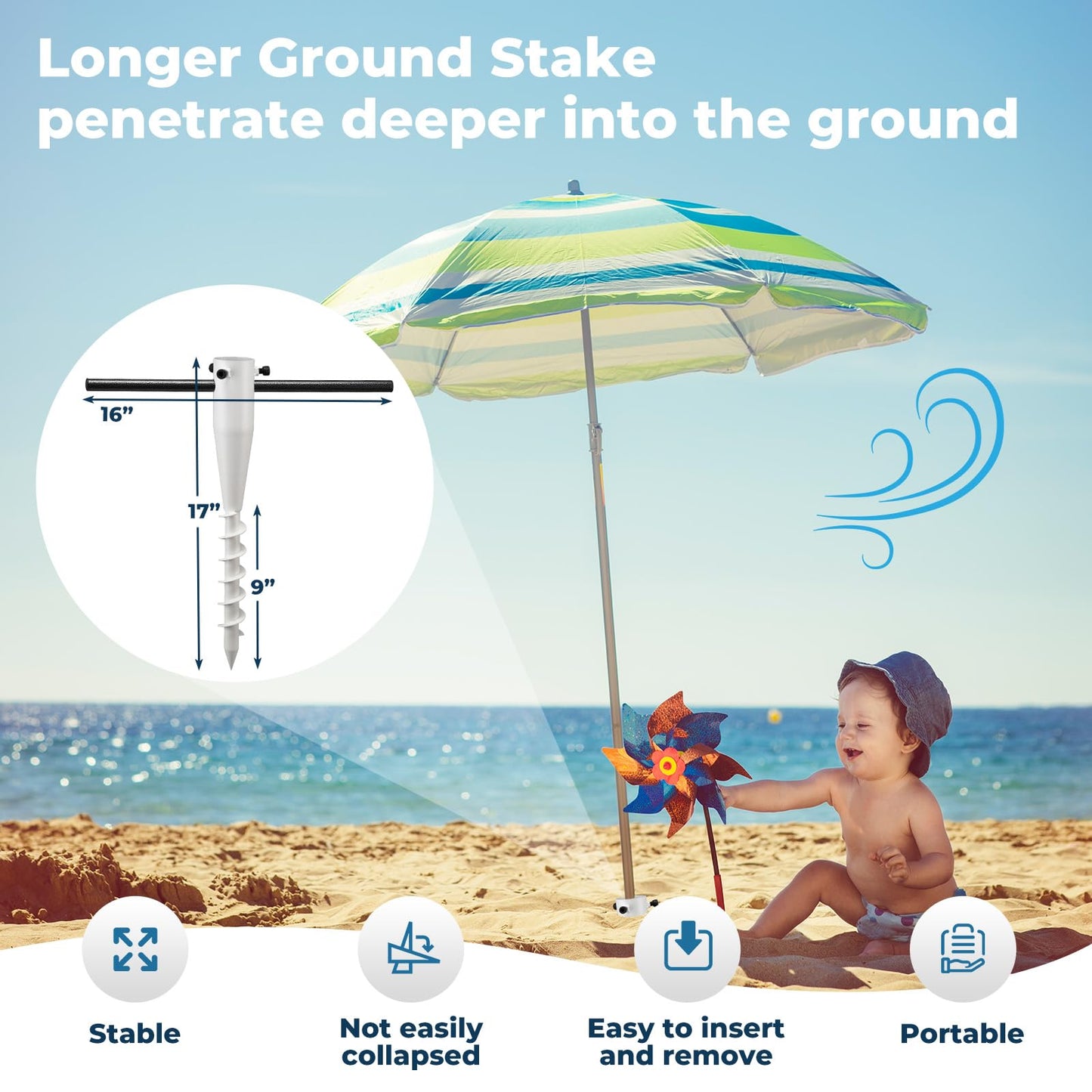 17" Stainless Steel Screw-in Ground Stakes - Extra-Long Spiral Anchor for Patio Umbrella Base, Canopy Weights on Beach/Lawn Weatherproof Pole Holder for 1-2" Posts, White