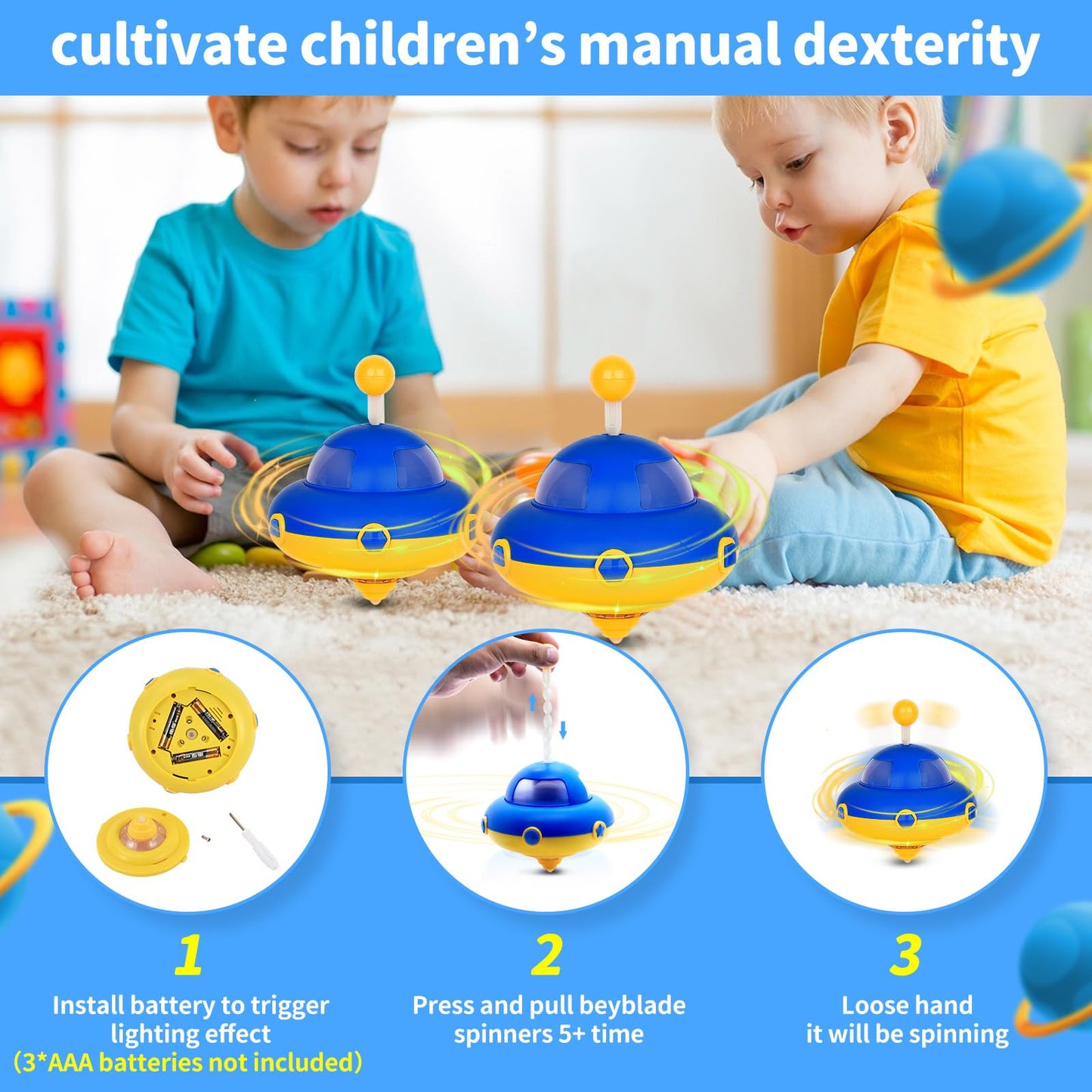 2Pack Light-Up Spinning Top for Kids - Flashing UFO Rotating Educational Toys,Sensory Toys for Toddlers 3-4. Birthday Party Favors for Kids Ages 3+