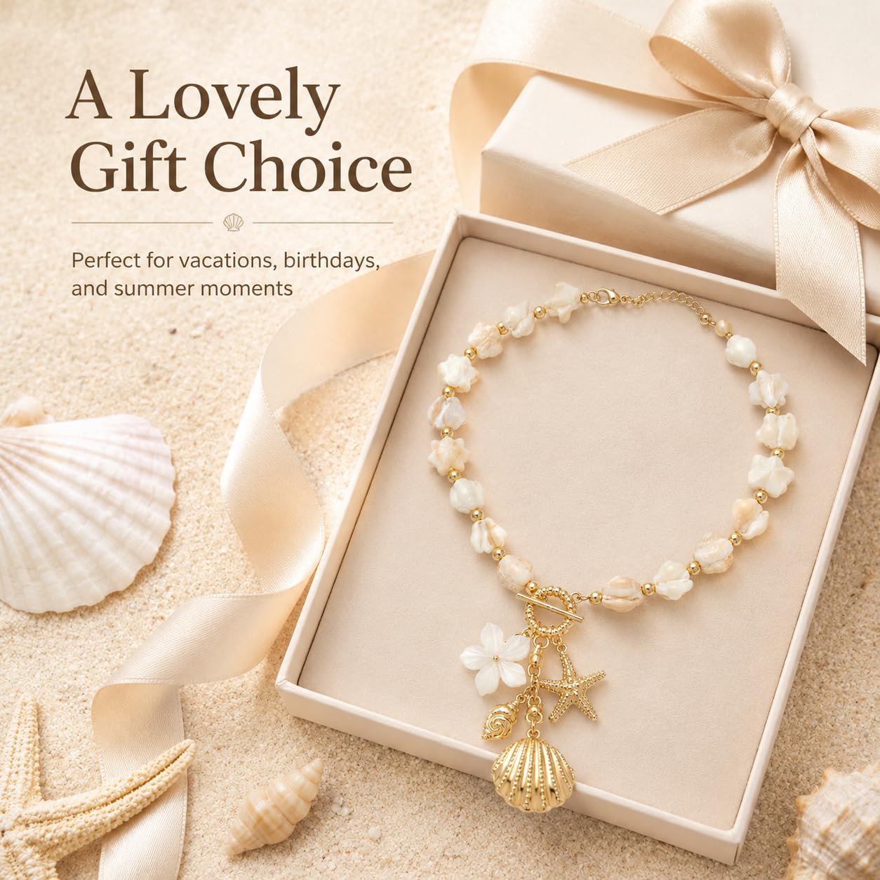 Shell Starfish Necklace for Women Gold Tone Layered Beach Jewelry Pearl Seashell Charm Adjustable Coastal Necklace for Summer Vacation Outfits Gifts