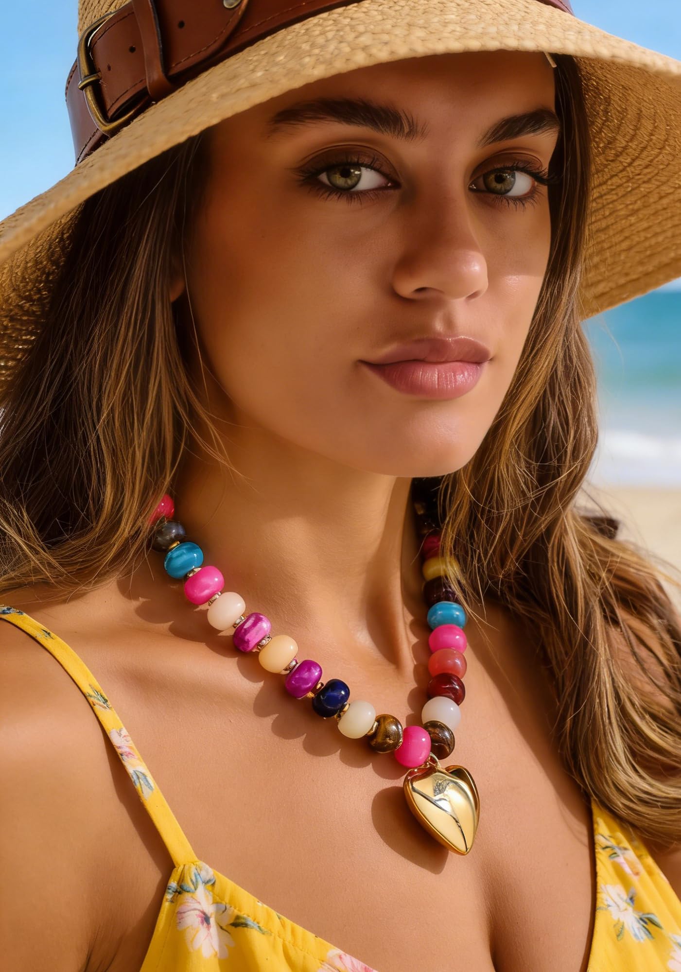 ENSKEFEN Colorful Beaded Necklace Chunky Heart Necklaces for Women Stylish Gold Puffy Heart Pendant Necklace Vibrant Resin Acrylic Beads Statement Necklaces