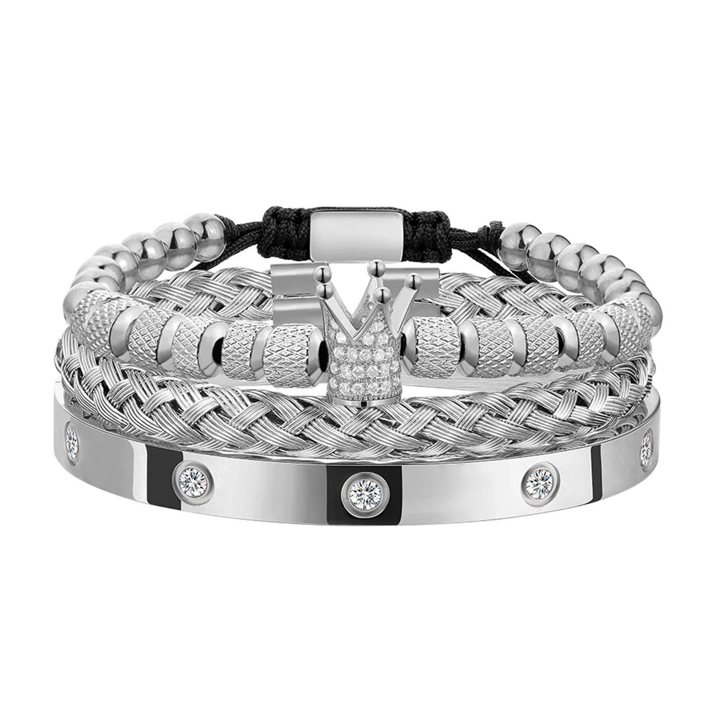 WFYOU 3PCS Stainless Steel Bracelets for Men Gold Roman Numeral Bangle Bracelet Twisted Cable Bracelet Adjustable Cuff Bracelet Mens Luxury Jewelry Bracelets Gifts(CZ Crown Silver)