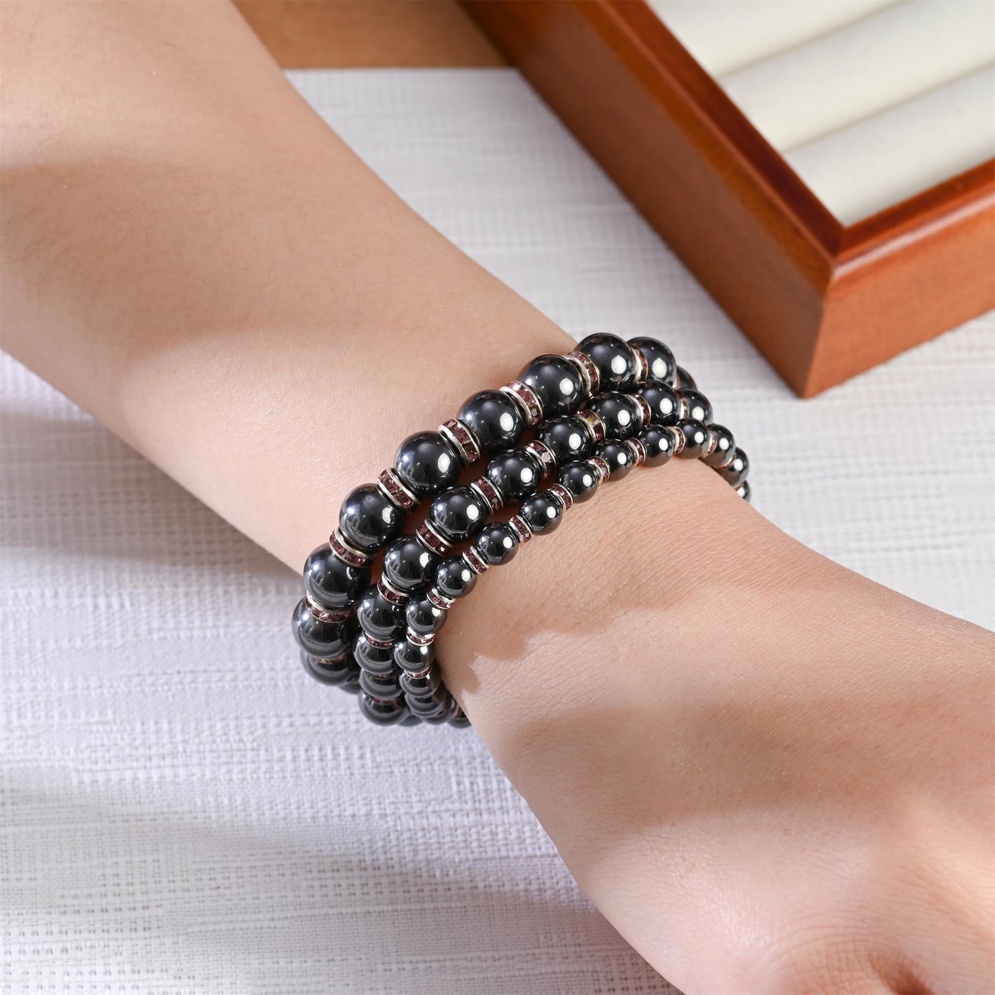 Apocalyptic-K Women's Magnetic Bracelet，Hematite Bracelets，Magnetic Bracelets With Zirconia,Handmade Stretch Bracelet，Eliminates static electricity. (Violet Zirconia,6MM)