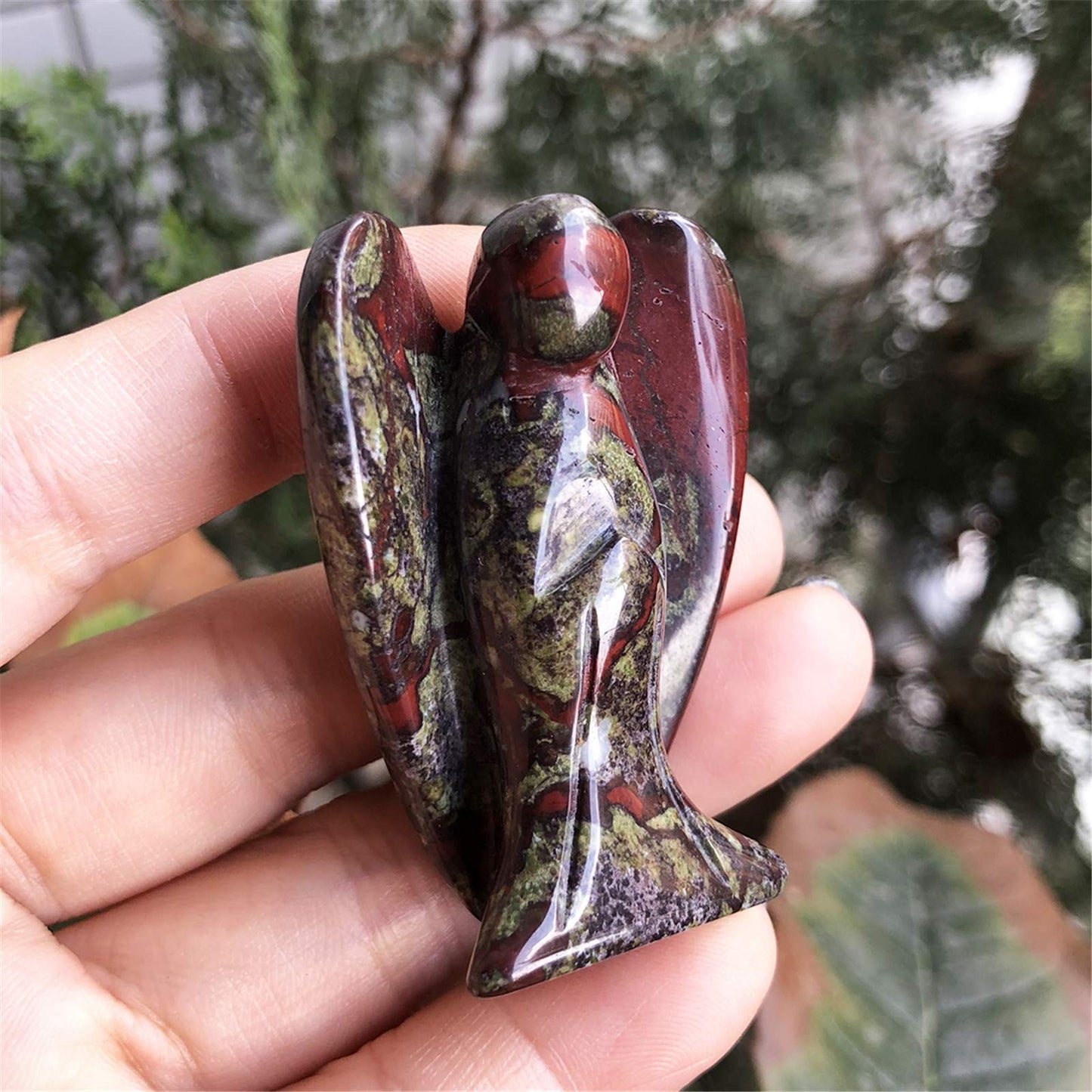 favoramulet 2 Inches Dragon Bloodstone Crystal Pray Guardian Angel Statue, Carved Healing Peace Angel with Wing Figurine Pocket Stone