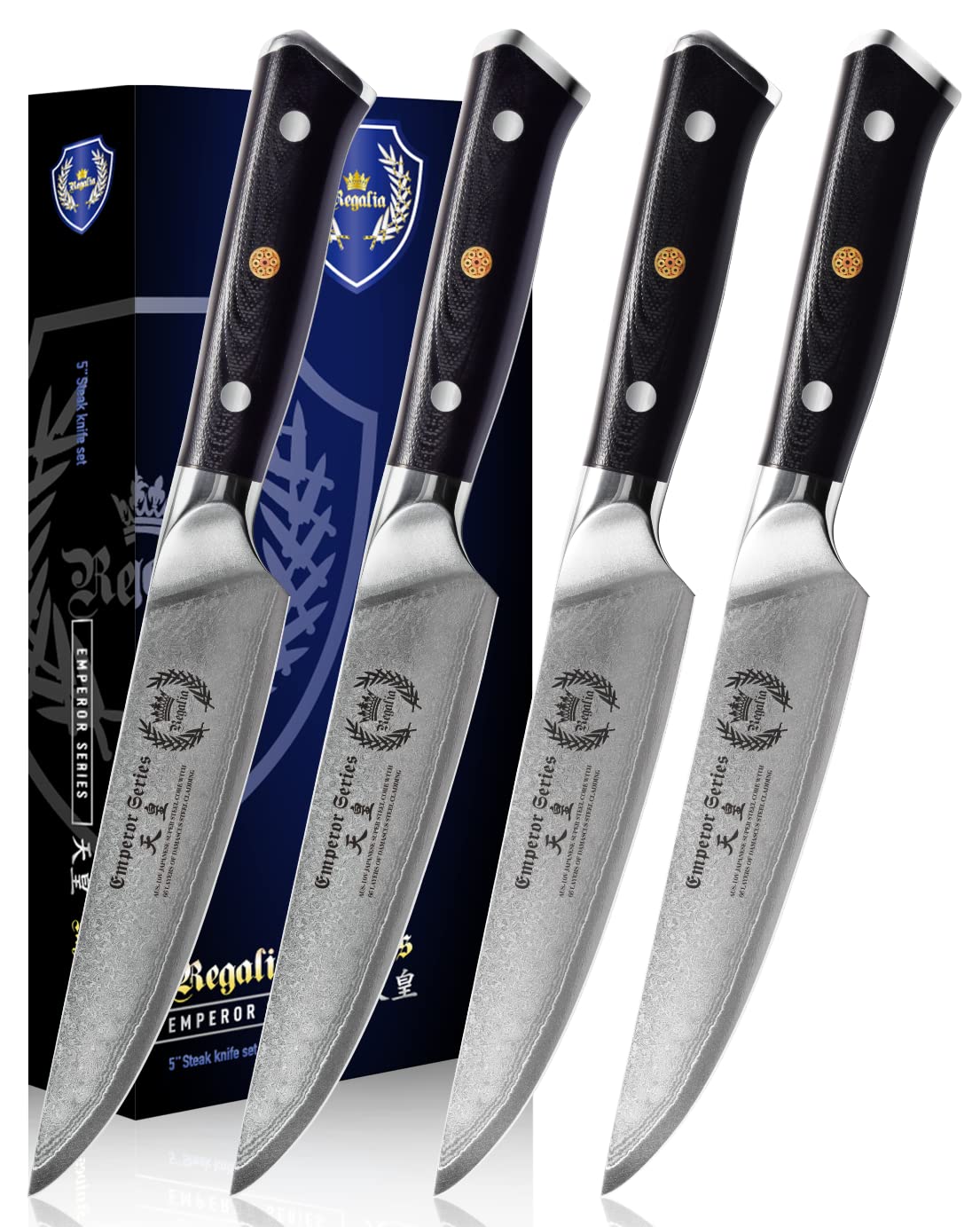 Steak Knife Set - 4 Piece - 5 Inch Damascus Steel AUS-10V High Carbon Steel Blade - G-10 Garolite Ergonomic Handle