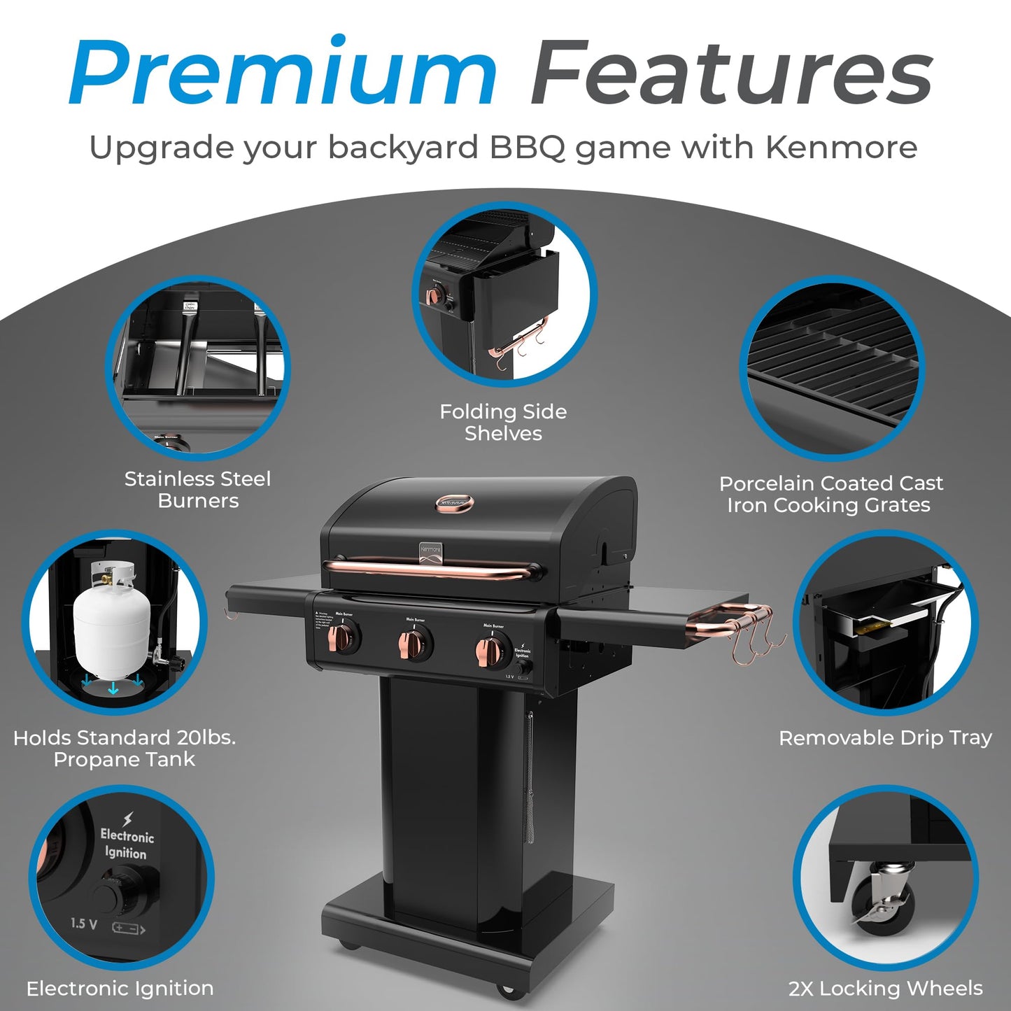 Kenmore 3-Burner Gas Grill | Foldable Side Tables, Cast Iron Cooking Grates, Warming Rack, Hooks for BBQ Grilling Tools, Propane Gas Barbecue Grill, 30,000 BTUs, Black with Copper Accent