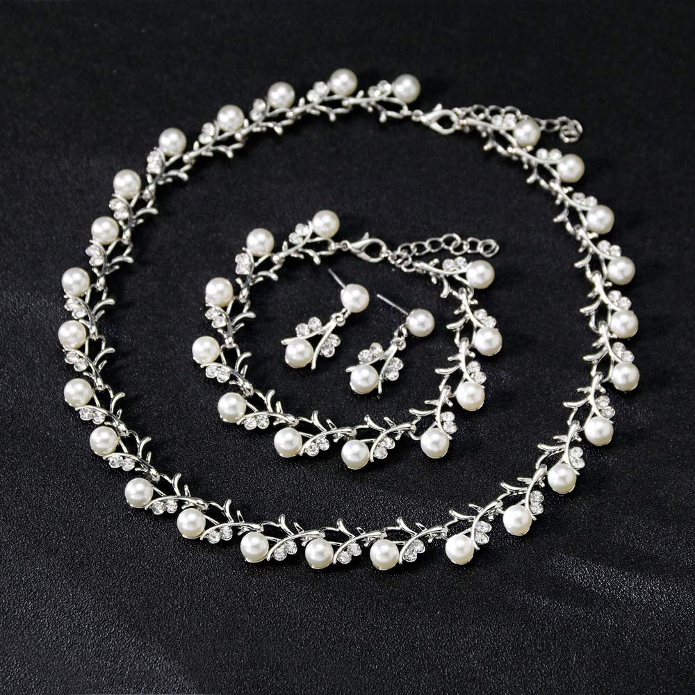 tenghong2021 Fashion Classic Faux Pearl Jewelry Set Necklace Bracelet Earrings for Women Best Gift (Silver Leaf)