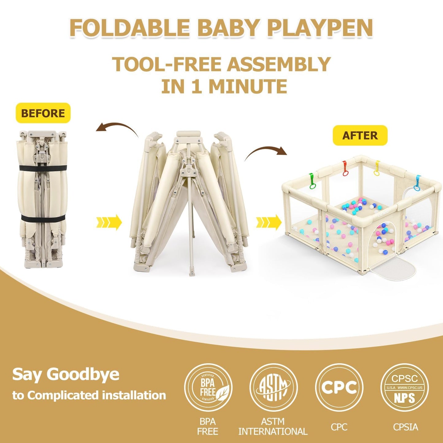 OCATO Baby Foldable Playpen: Playpen for Babies and Toddlers Baby Play Pen Gate Portable Playpen Fence Indoor Outdoor Kids Safety Area Travel Play Yard Babies Essentials Pack n Plays (50" × 50")