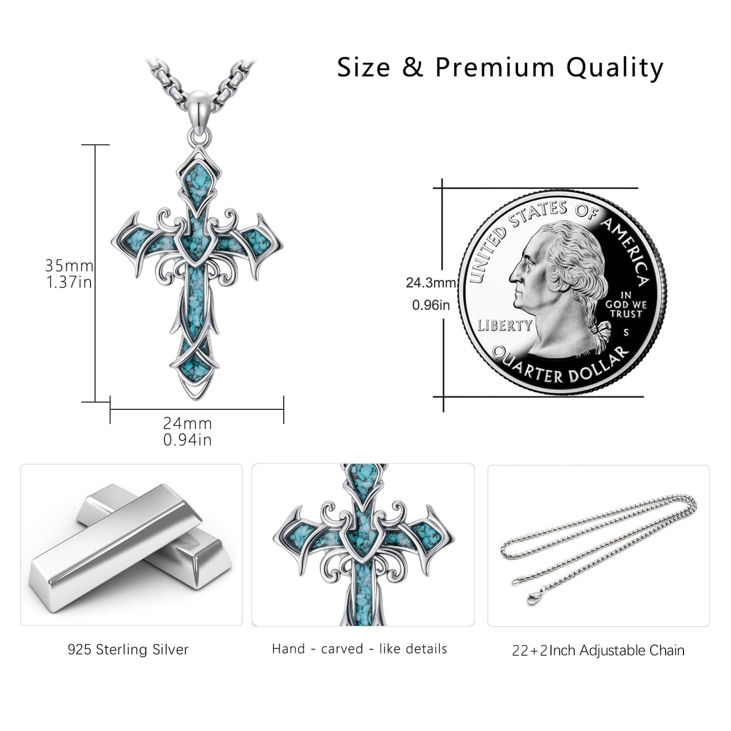 YEESIA Cross Necklace for Men Women, 925 Sterling Silver Cross Pendant Necklace with Turquoise, Christian Jewelry, Gift for Men Women