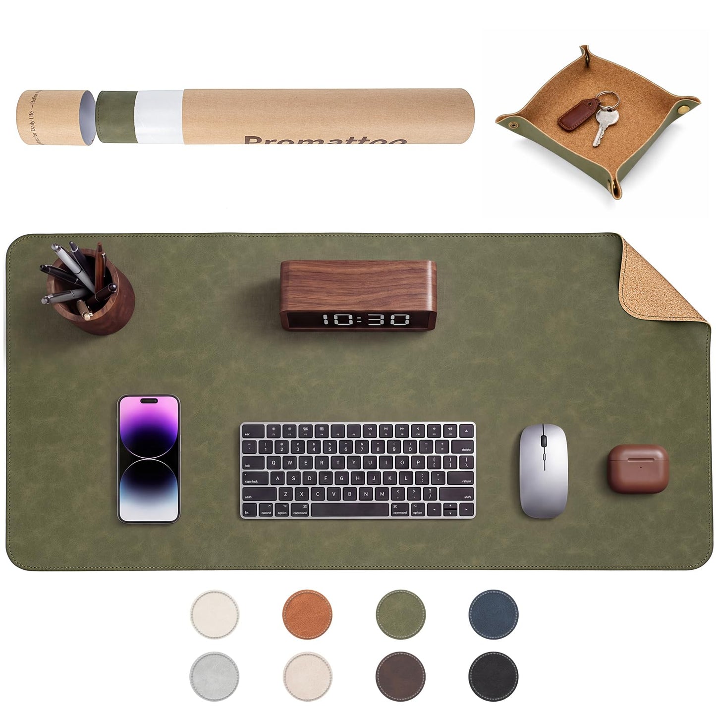 Premium Faux Leather Desk Mat & Tray Set，Innovative Cork-Look Printed Base，Gift Tube Packaging，Full-Desk Coverage，Non-Slip Desk Pad for Office Home（Olive Green）