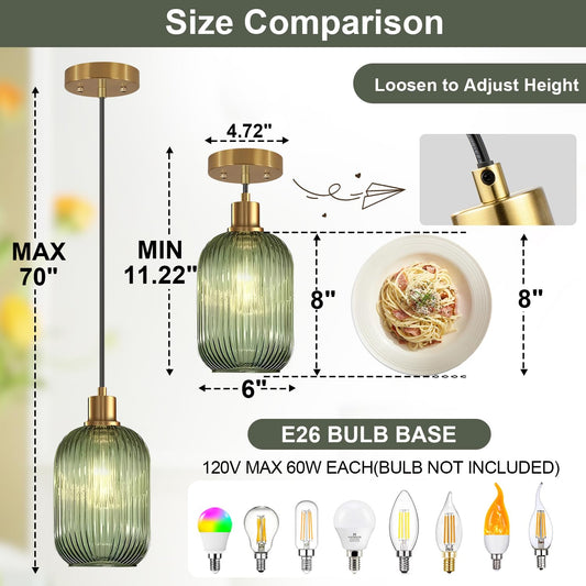 2 Pack Pendant Lights with Vintage Green Ribbed Glass Lampshade, Adjustable Brushed Gold Pendant Lights Fixtures for Kitchen Island Lighting Sink, Dining & Living Room Hallway (Bulbs Not Included)