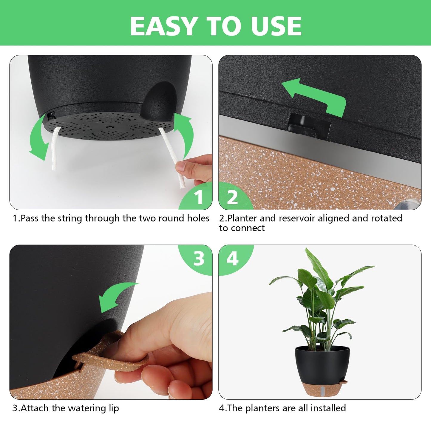 12" 10" 9" 8" Self Watering Pots with Water Level Indicator, Large Plastic Planters Set with Mesh Drainage Hole and Removable Saucer Reservoir, Big Flower Pot for Indoor Outdoor Plants (Black)
