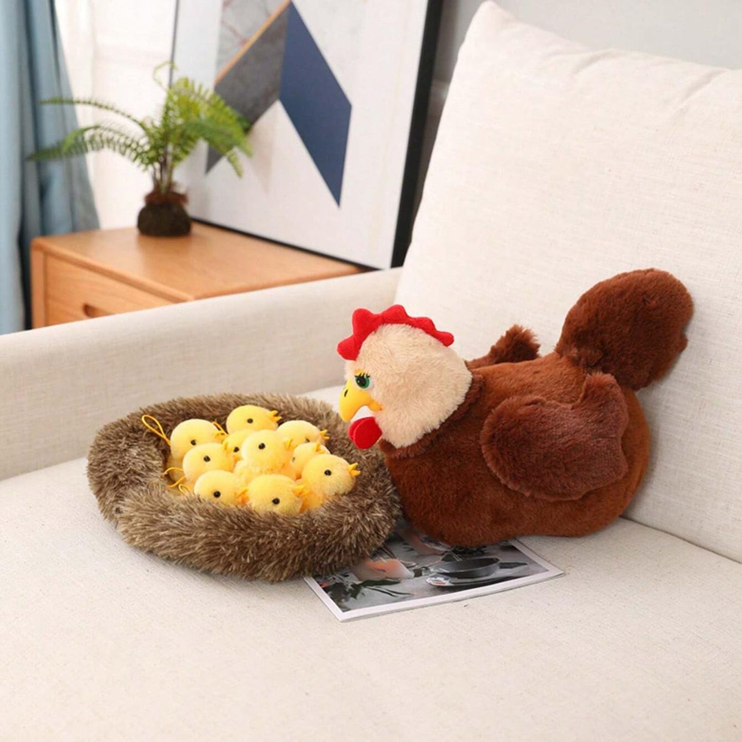 unsnurnoch 12PS Chicken Stuffed Animal 11.8", Mother Hen with 10 Baby Chicks and Nest, Interactive Farm Animal Plush Toy for Kids and Collectors, Creative Easter Birthday