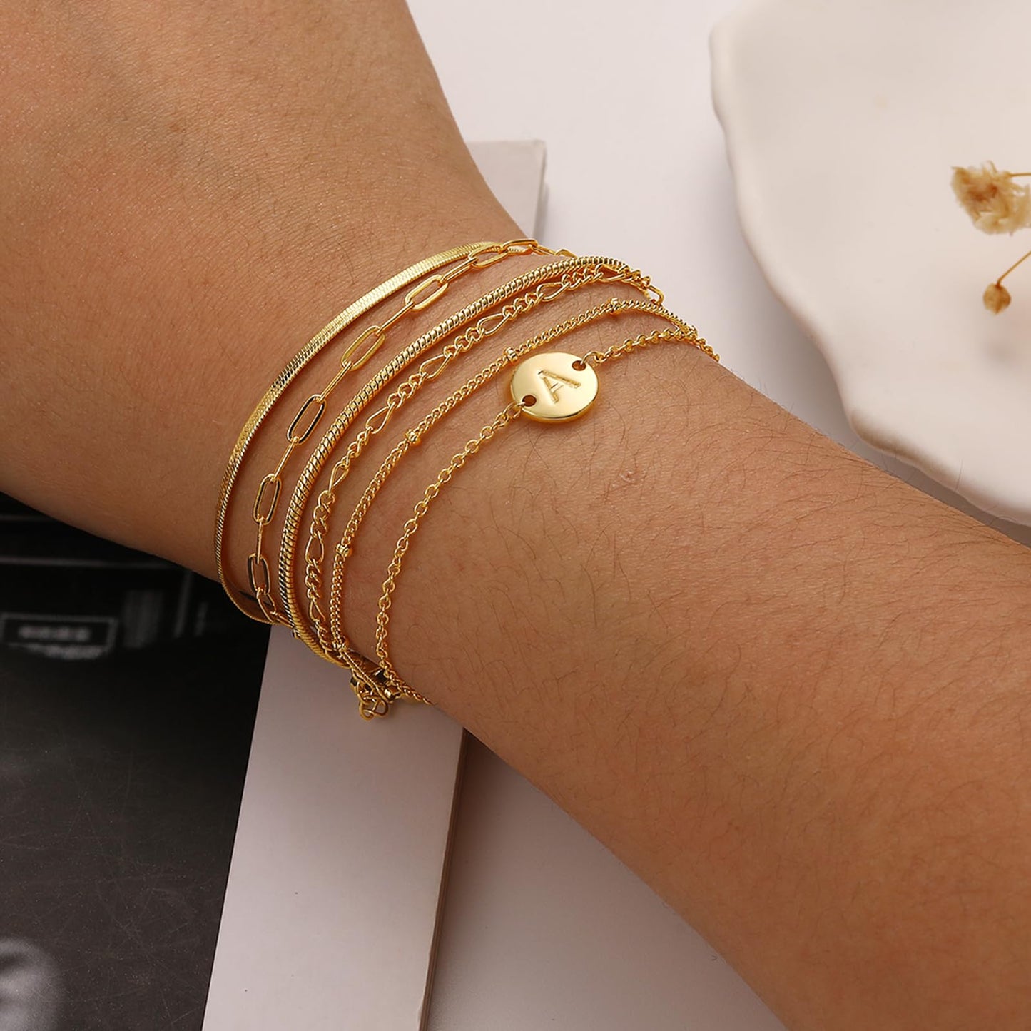 Lydow Bracelets for Women, Stack Jewelry Set Initial J Chain Stackable Letter Teen Accessories Pulseras Para Mujer 6 Inch 6PCS