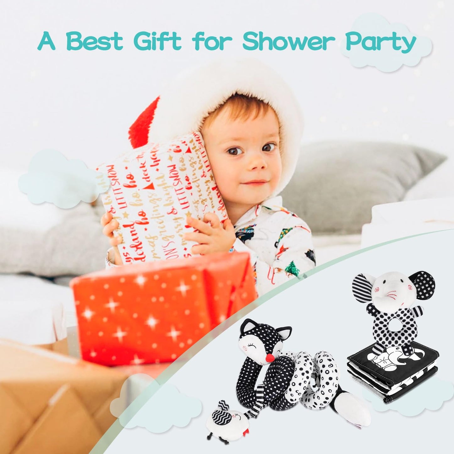 AJsupojouet High Contrast Black and White Baby Toys 3-Piece Newborn Essentials Set with Hanging Toys,Rattle Crib Mobile,baby Book & Car Seat Stroller Toys for 0-3-6-12 Months Infant Development