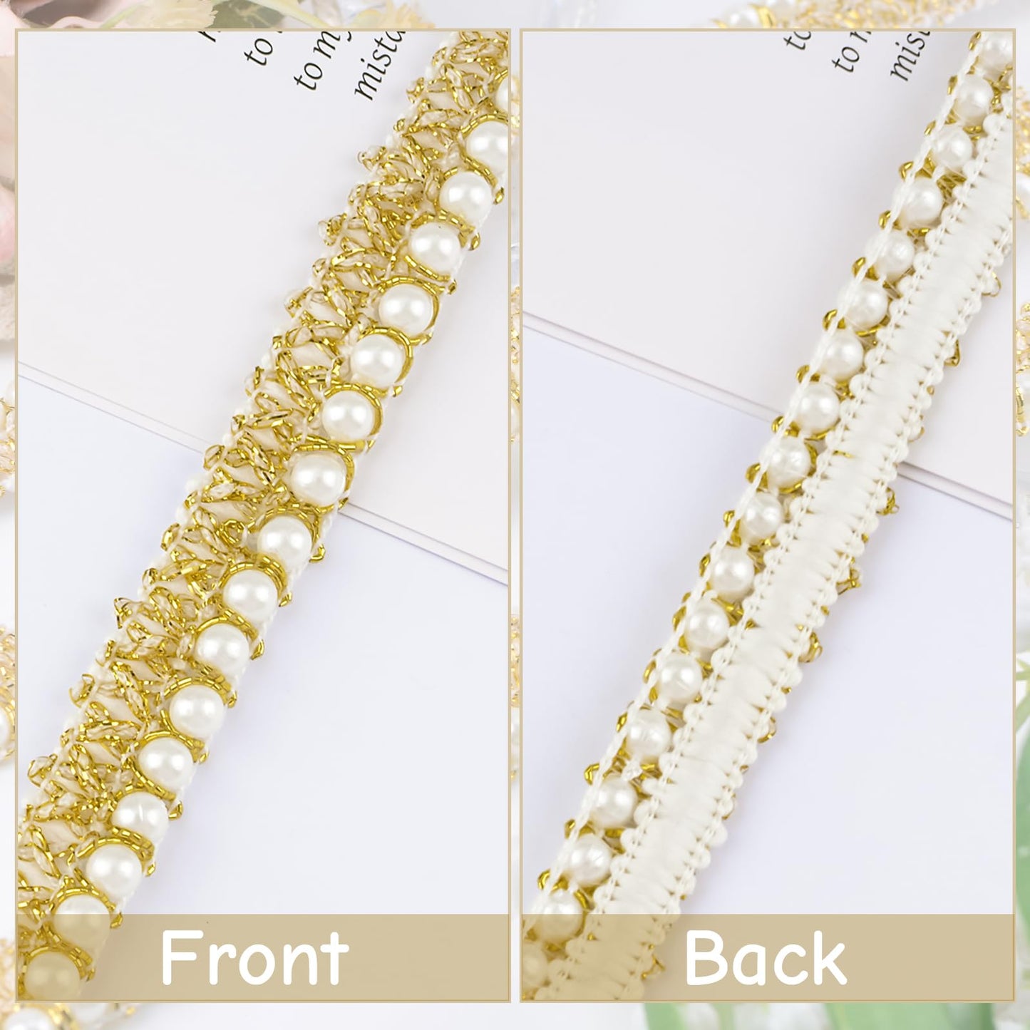 URROMA White Gold Pearl Trim - 10 Yards Beaded Lace Trimming Embroidery Embellishment Ribbon for Sewing Fabric, Garment Accessories, Dress Bag Decoration, Crafts DIY