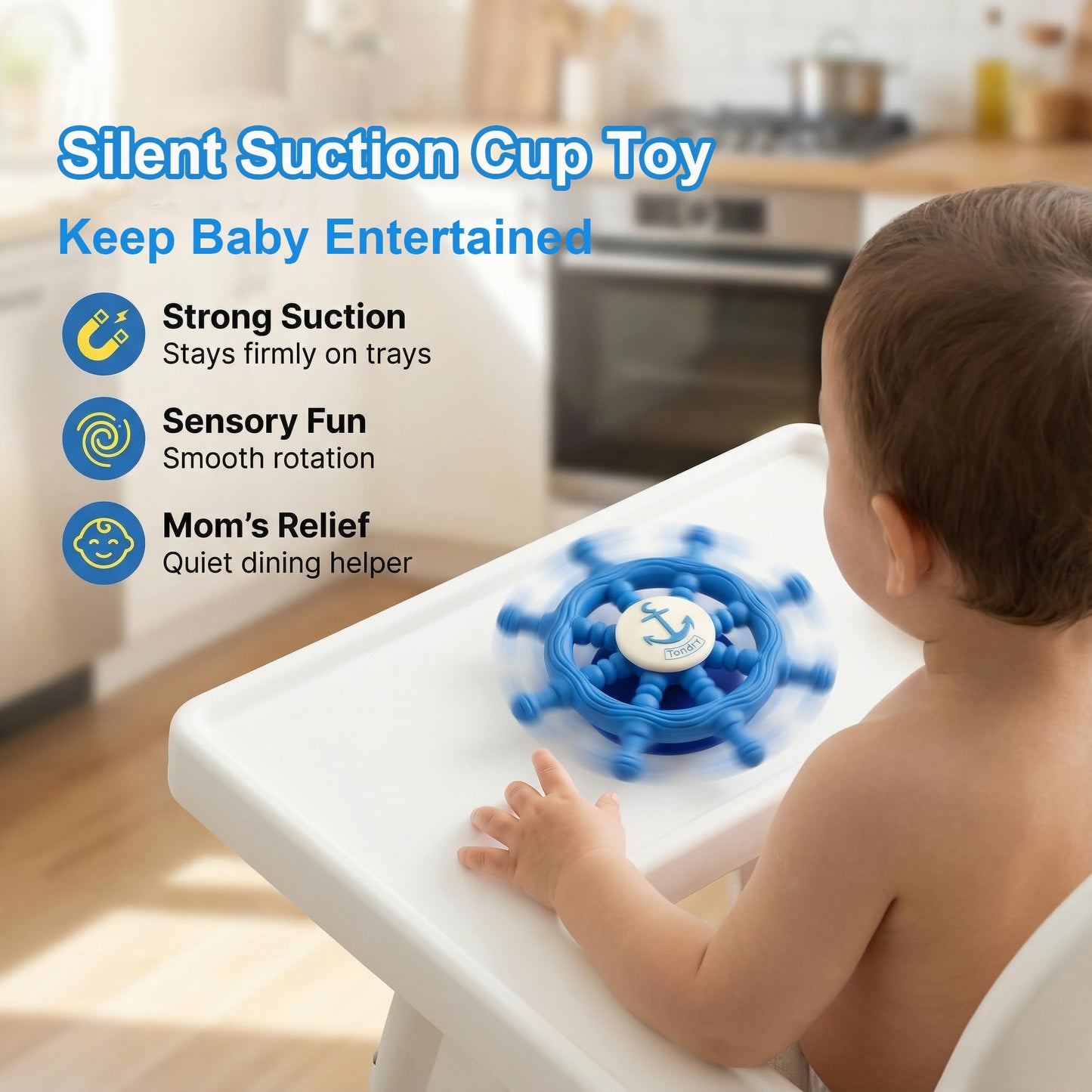 Baby Suction Spinner Toys for Bathtub, Silicone Toddler Bath & High Chair Toys for 1 Year Old Boy/Girl Birthday Gift, Interactive Ship Steering Wheel InfantToy for Car Window Travel-Blue