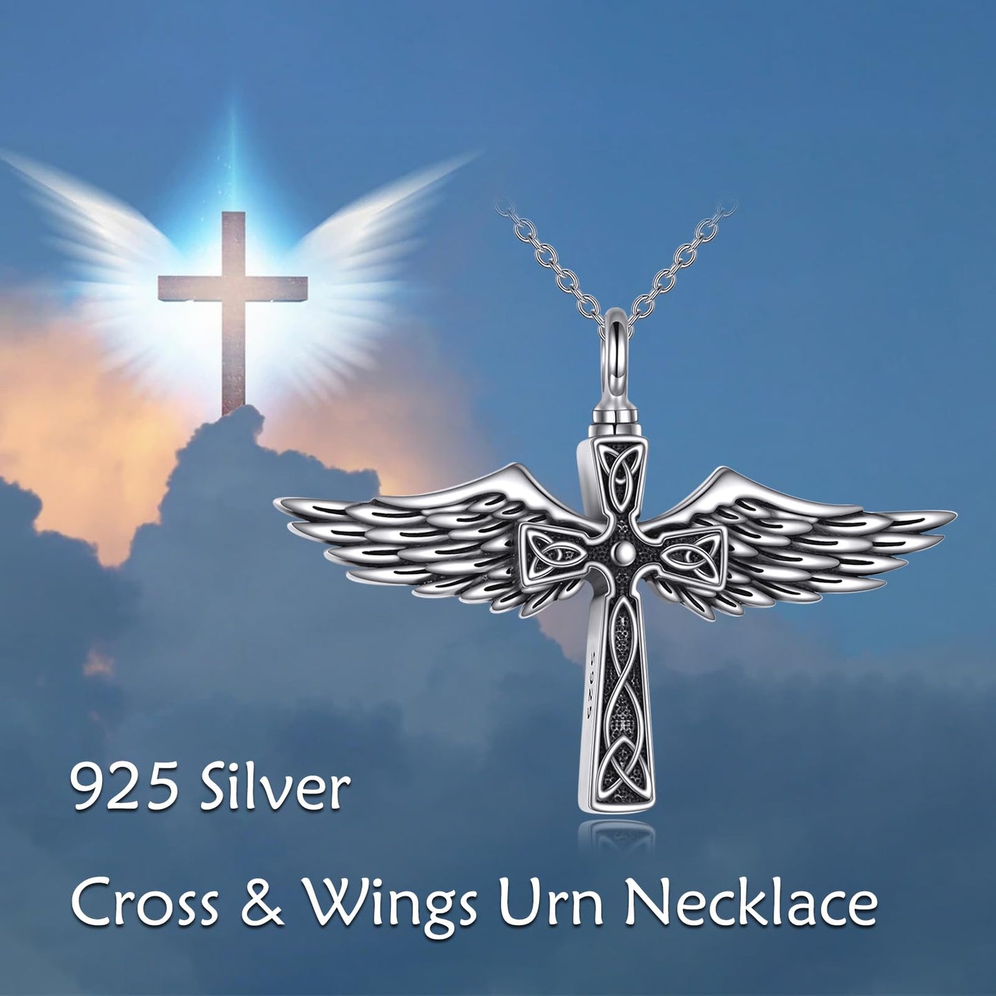 POPLYKE Cross Angel Wings Urn Necklace for Ashes for Women 925 Sterling Silver Memorial Necklace for Human Ashes of Loved Ones Angel Pendant Cremation Jewelry for Ashes