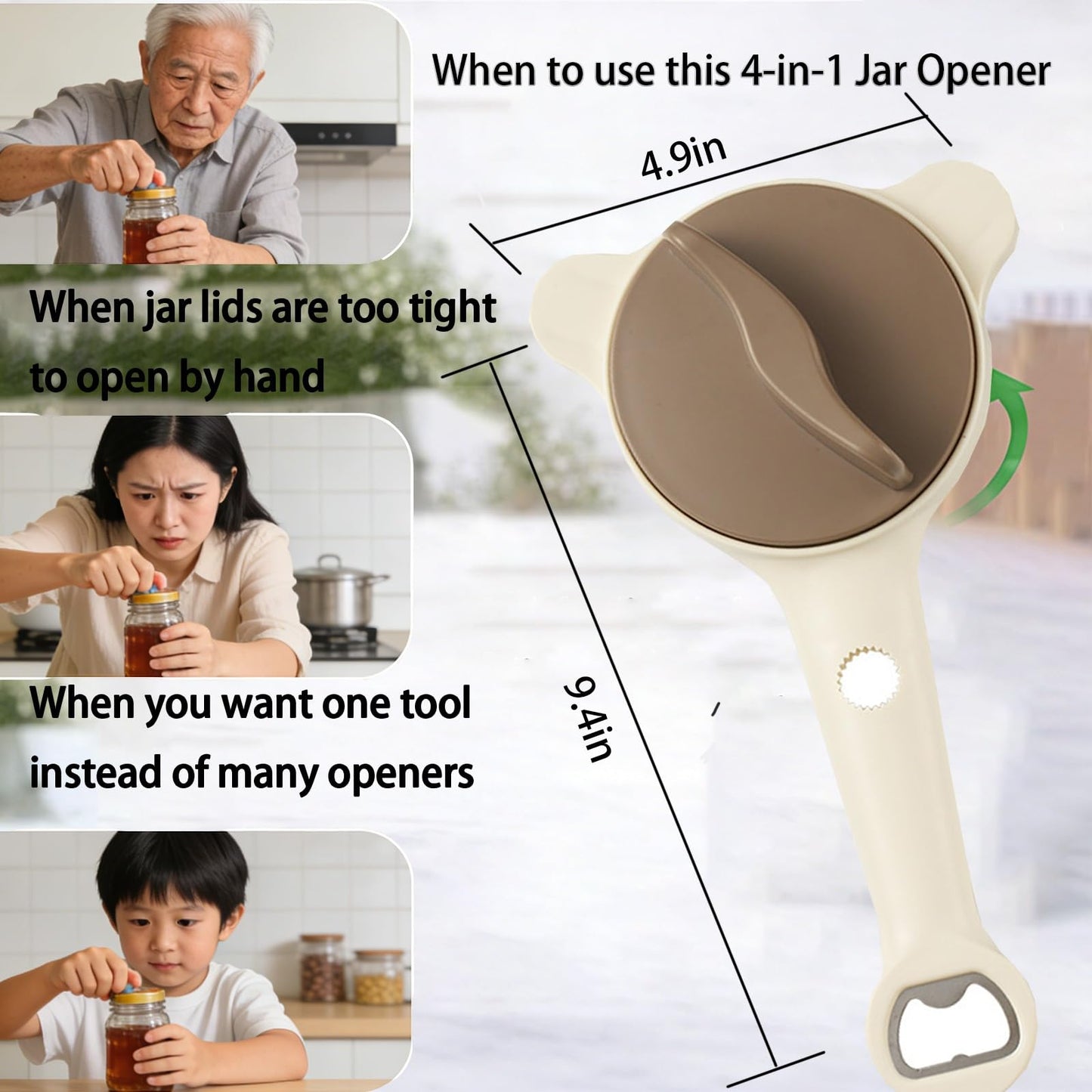 4-in-1 Jar Opener, Ergonomic Stainless Steel Jar Opener (Gray/Purple/Black), Adjustable Jar Opener Fits 1-3.5 Inch Lids, Jar Openers Top Rated For Seniors & Arthritic Hands(Black)