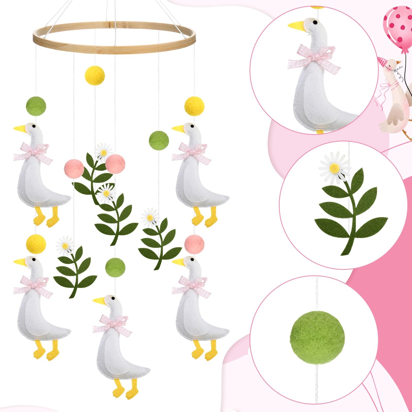 Vicenpal Wildflower Butterfly Baby Mobile for Crib Pink Spring Baby Room Decor Felt Nursery Mobile for Crib Neutral Wooden Handmade Hanging Decoration(Silly Goose)