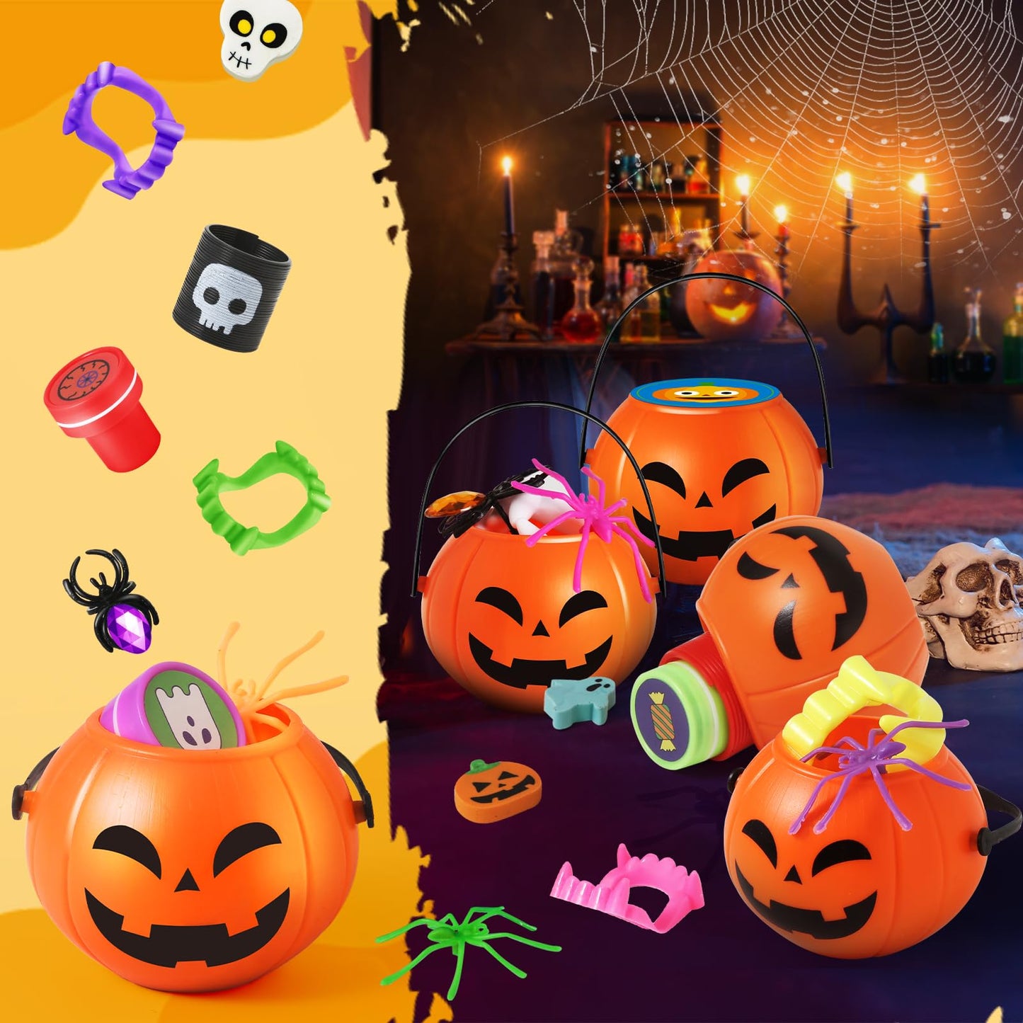 SpringFlower 336 PCS Halloween Party Favors,48 Pack Prefilled Pumpkins With Toys, Halloween Party Favors Bulk Kids Trick or Treat & Classroom School Rewards, Halloween Gifts