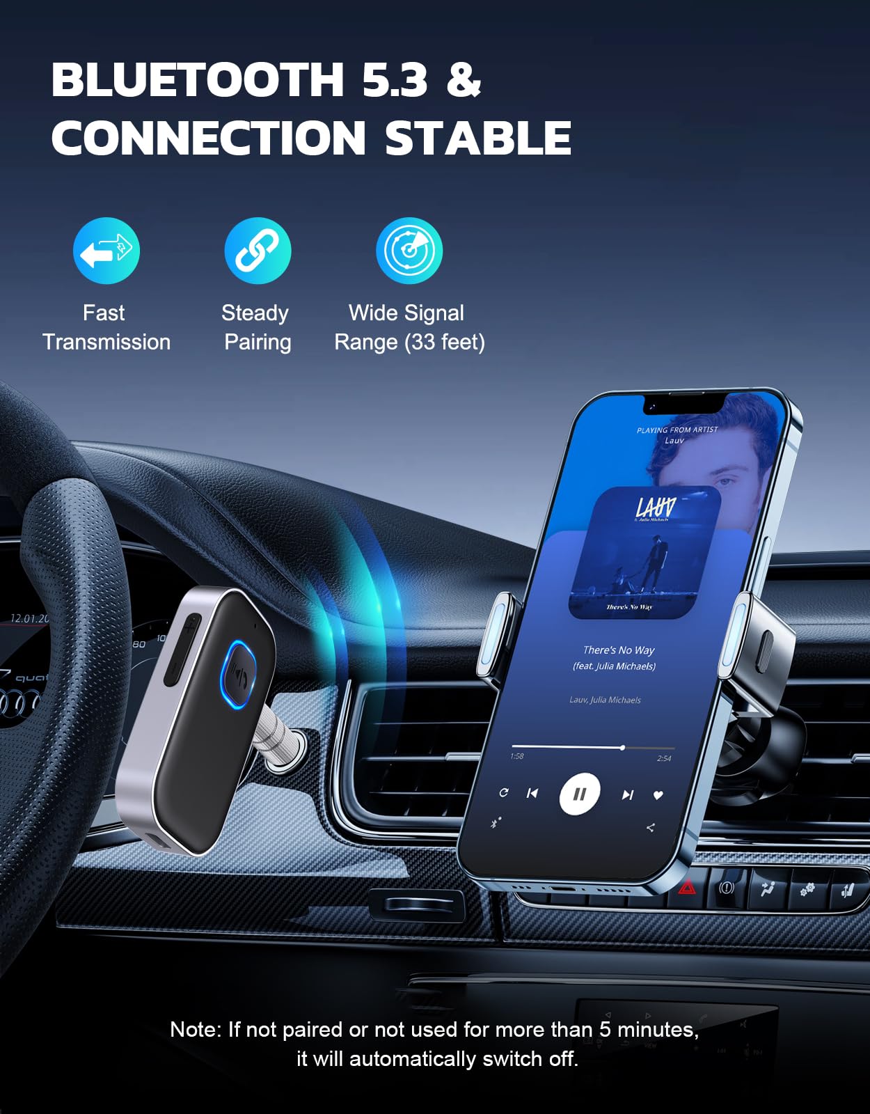 COMSOON Bluetooth Receiver for Car, Noise Cancelling 3.5mm AUX Bluetooth Car Adapter, Wireless Audio Receiver for Home Stereo/Wired Headphones, Hands-Free Call, 16H Battery Life - Black+Silver